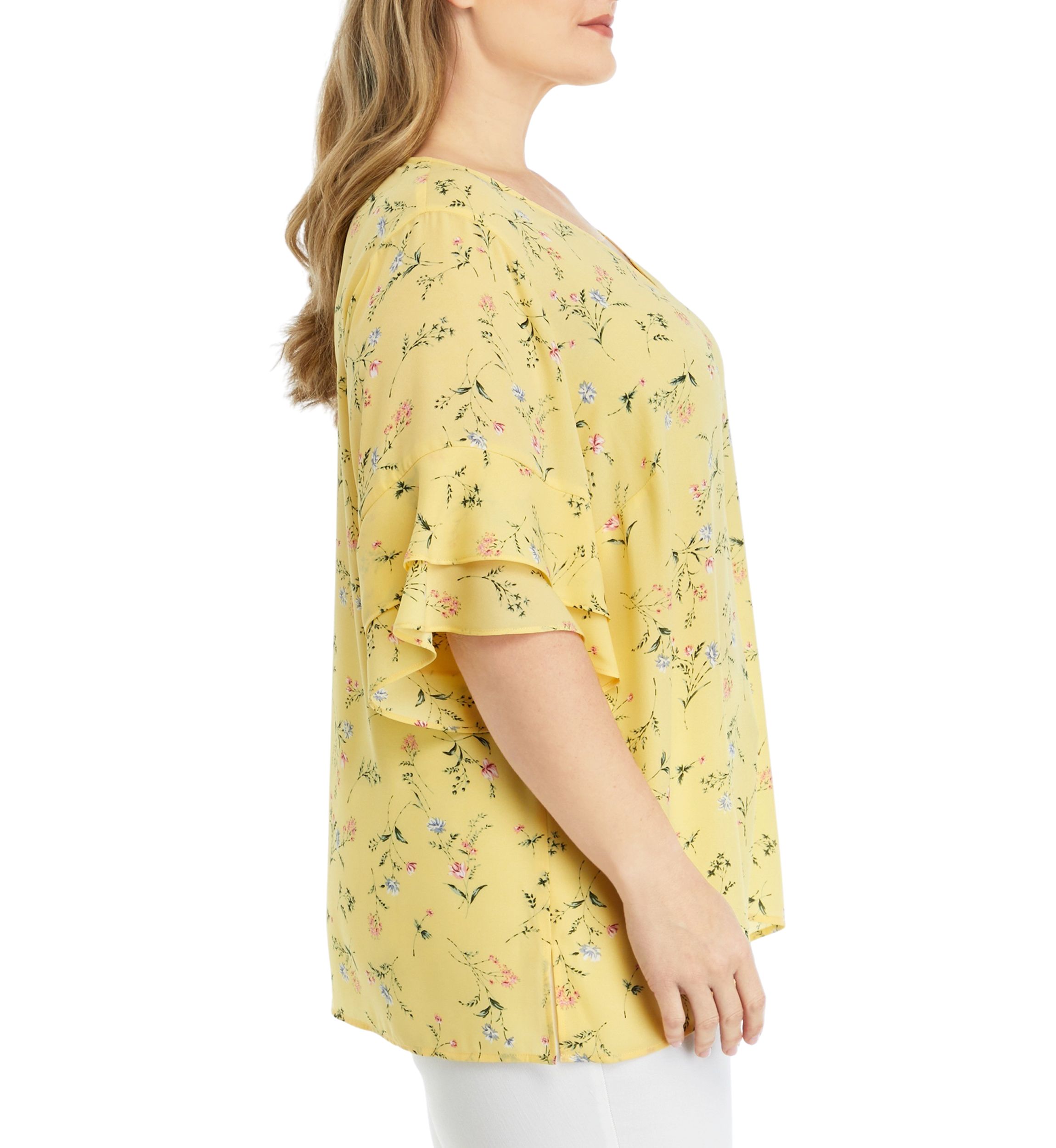 	  Plus Size Elbow V-Neck Woven Blouse with Ruffle Sleeve Detail 