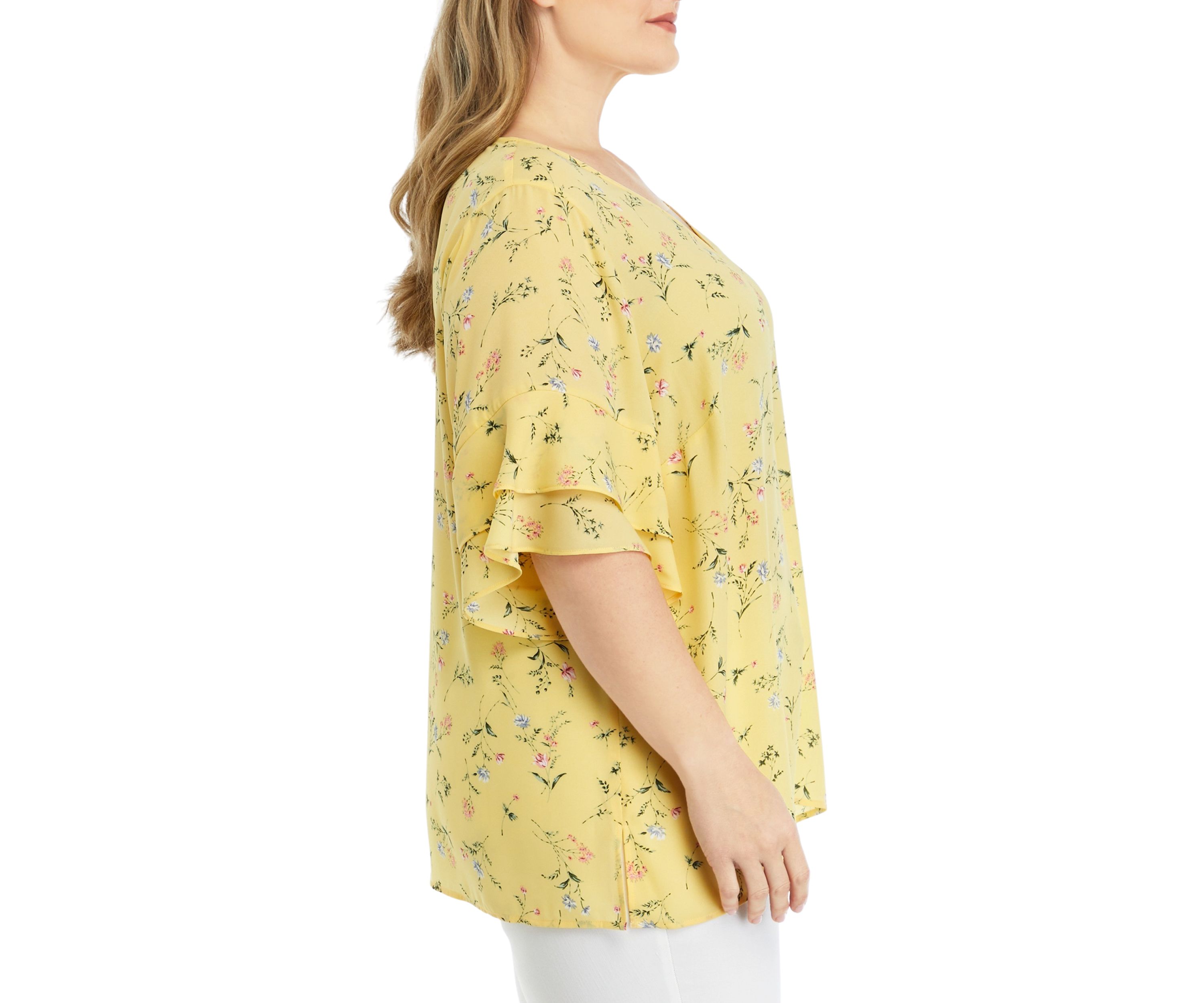 	  Plus Size Elbow V-Neck Woven Blouse with Ruffle Sleeve Detail 