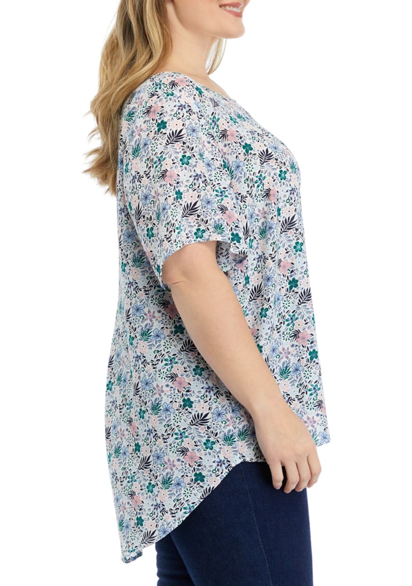 Plus Size Elbow Sleeve Top with Pleated Back 