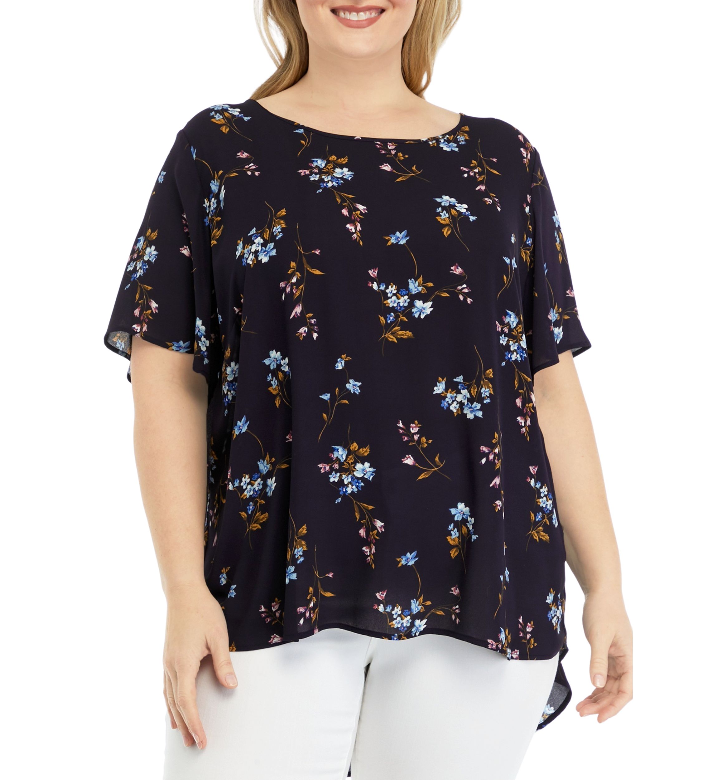 Plus Size Short Sleeve Printed Top with Pleated Back