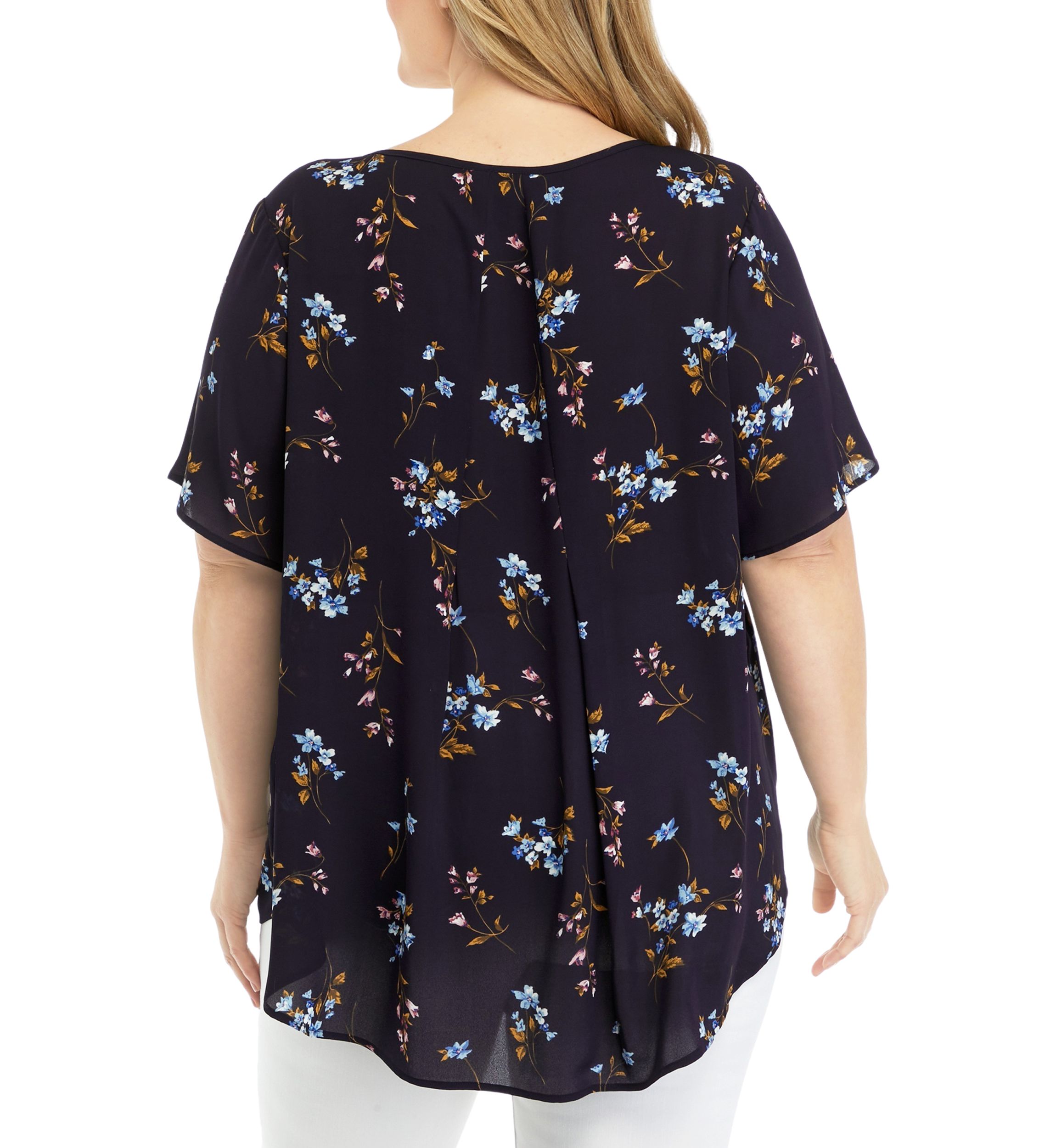 Plus Size Short Sleeve Printed Top with Pleated Back