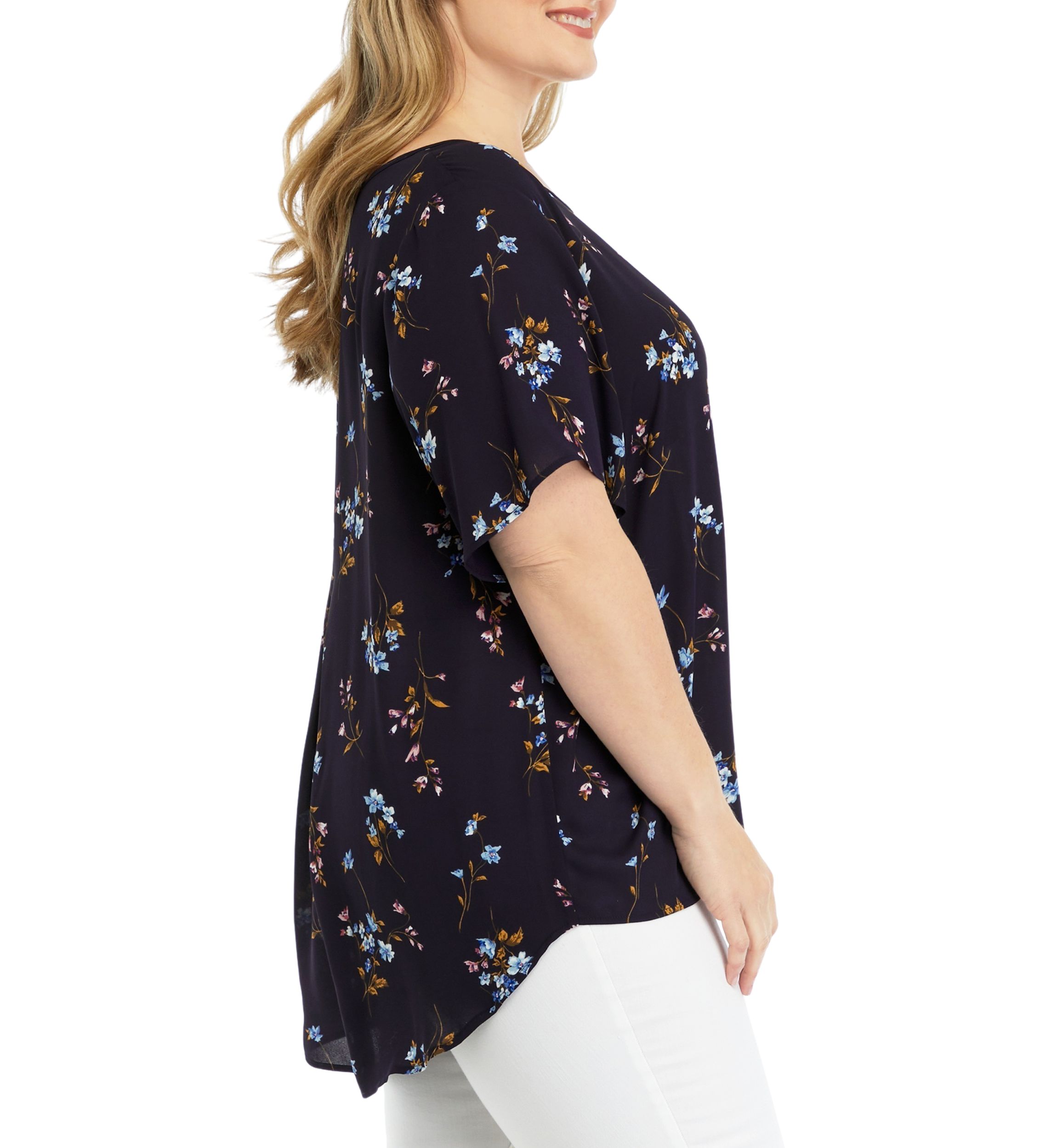 Plus Size Short Sleeve Printed Top with Pleated Back