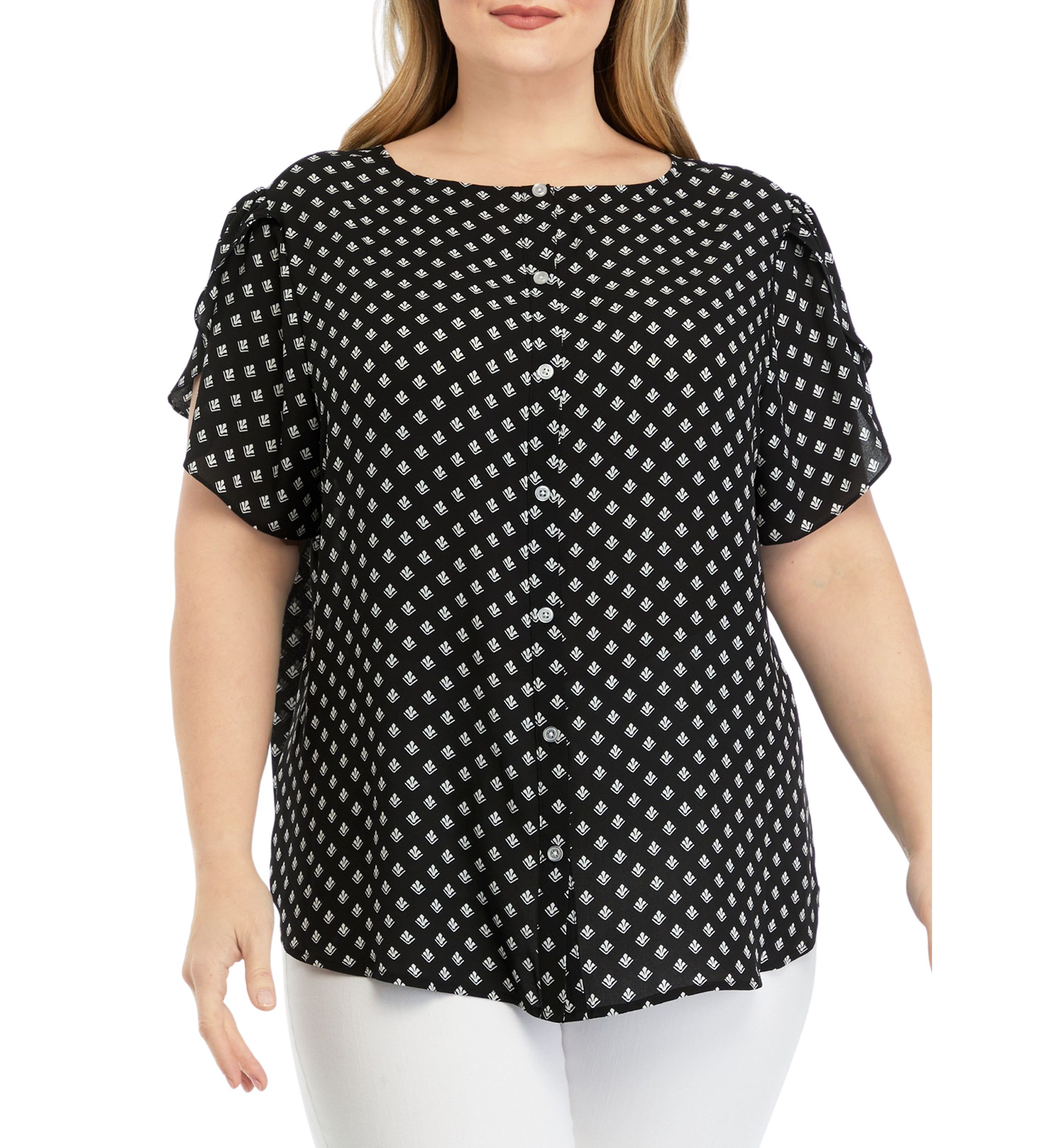 Plus Size Ruffle Sleeve Button Down Back Panel Blouse