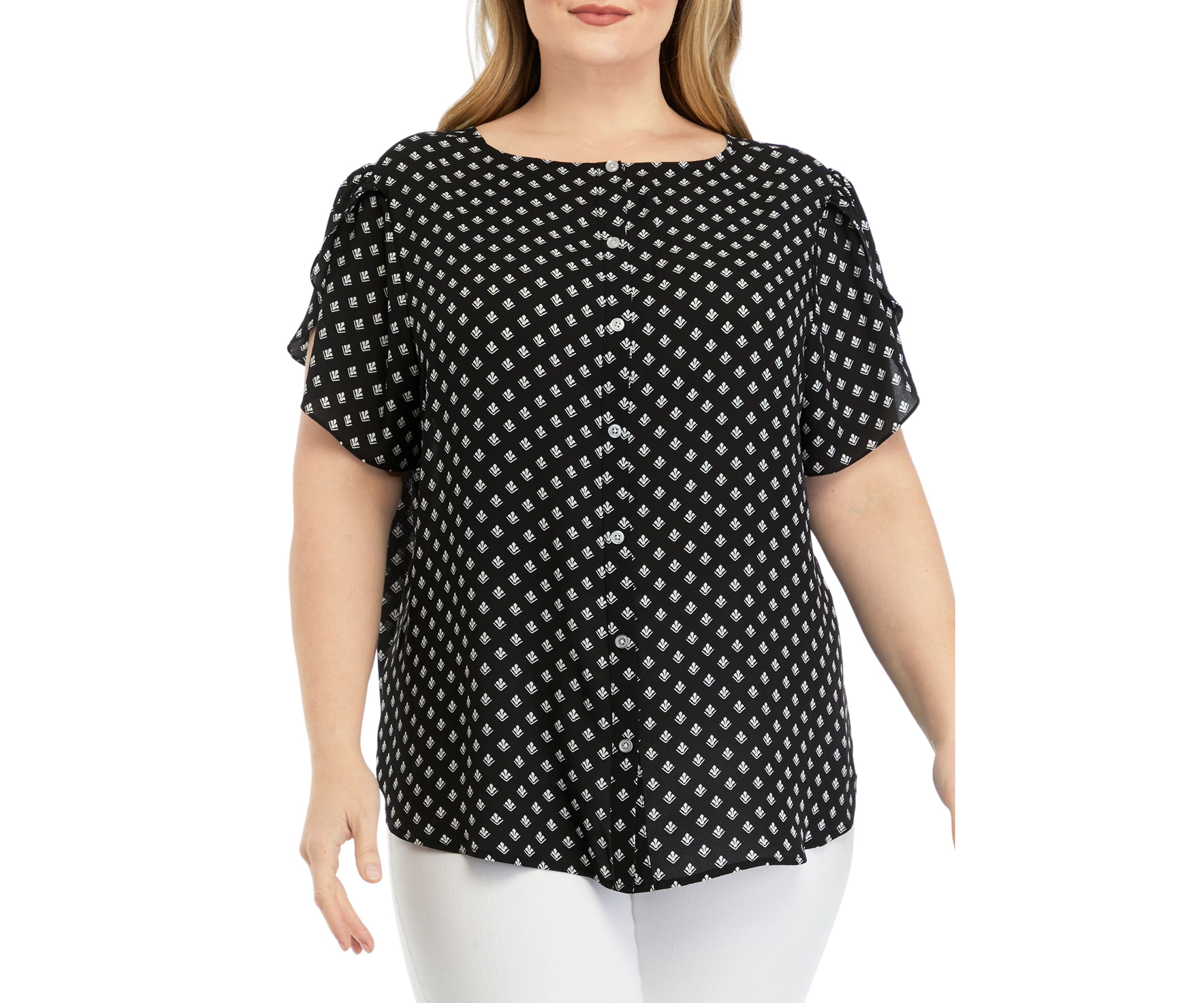 Plus Size Ruffle Sleeve Button Down Back Panel Blouse