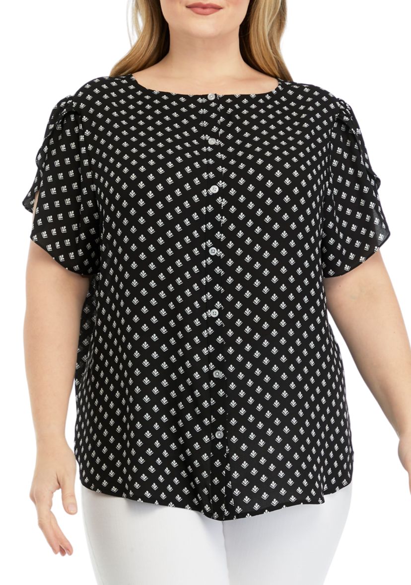 Plus Size Ruffle Sleeve Button Down Back Panel Blouse