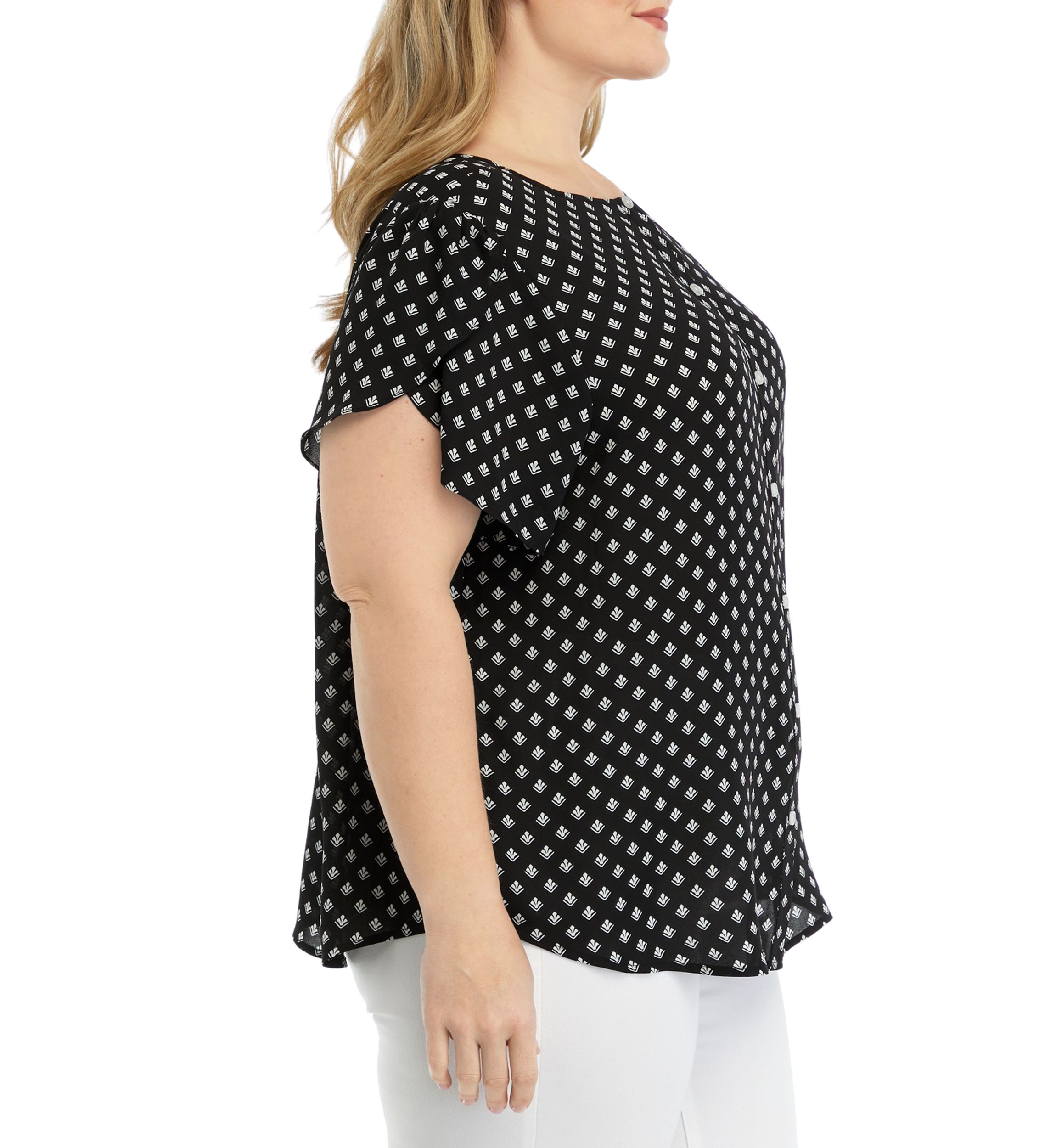 Plus Size Ruffle Sleeve Button Down Back Panel Blouse