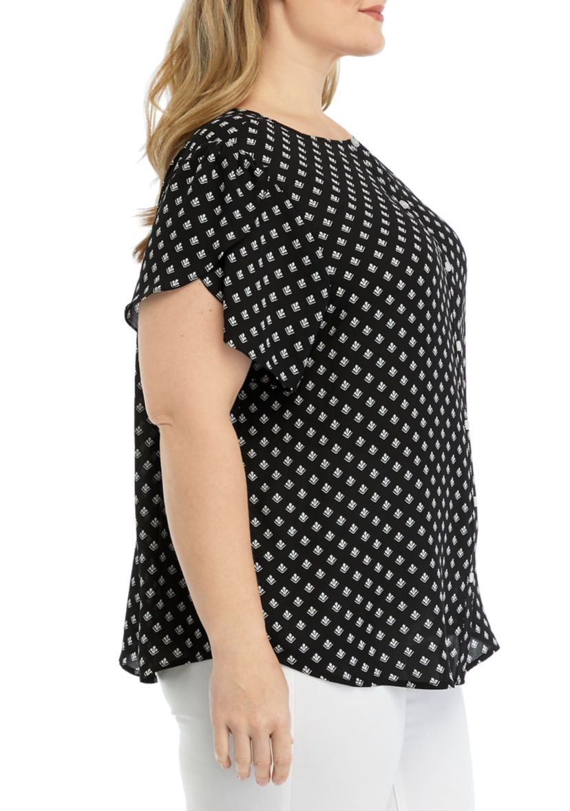 Plus Size Ruffle Sleeve Button Down Back Panel Blouse