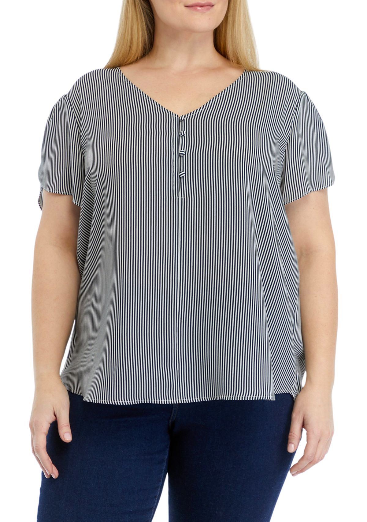Plus Size Short Tulip Sleeve V-Neck Stripe Blouse