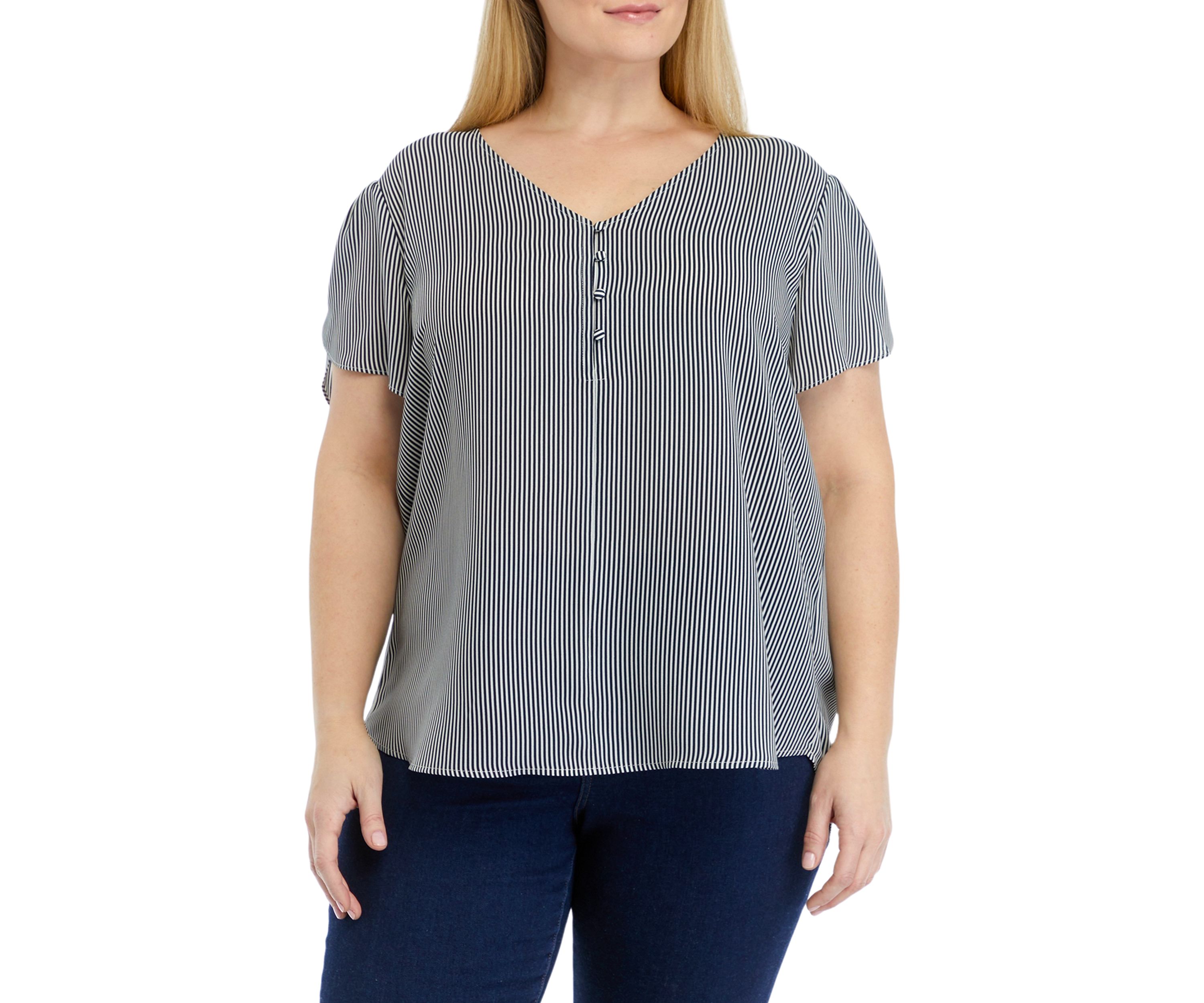Plus Size Short Tulip Sleeve V-Neck Stripe Blouse