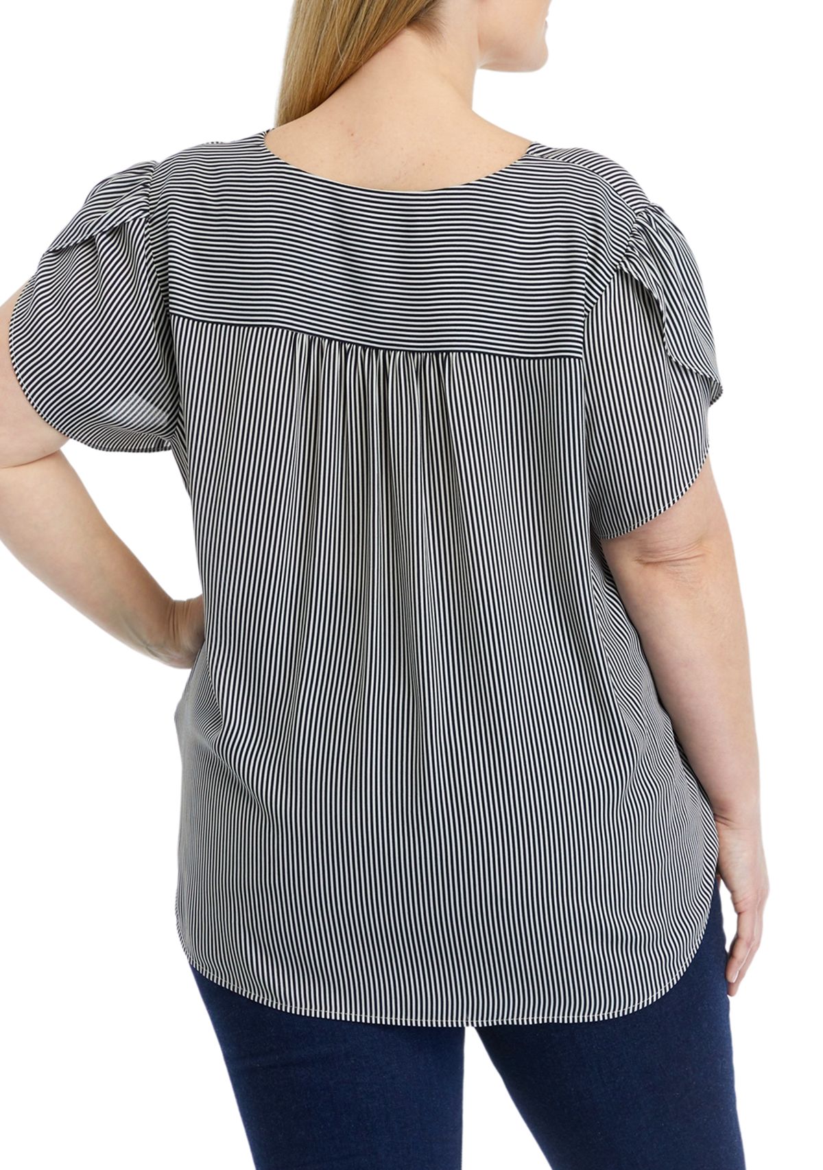 Plus Size Short Tulip Sleeve V-Neck Stripe Blouse