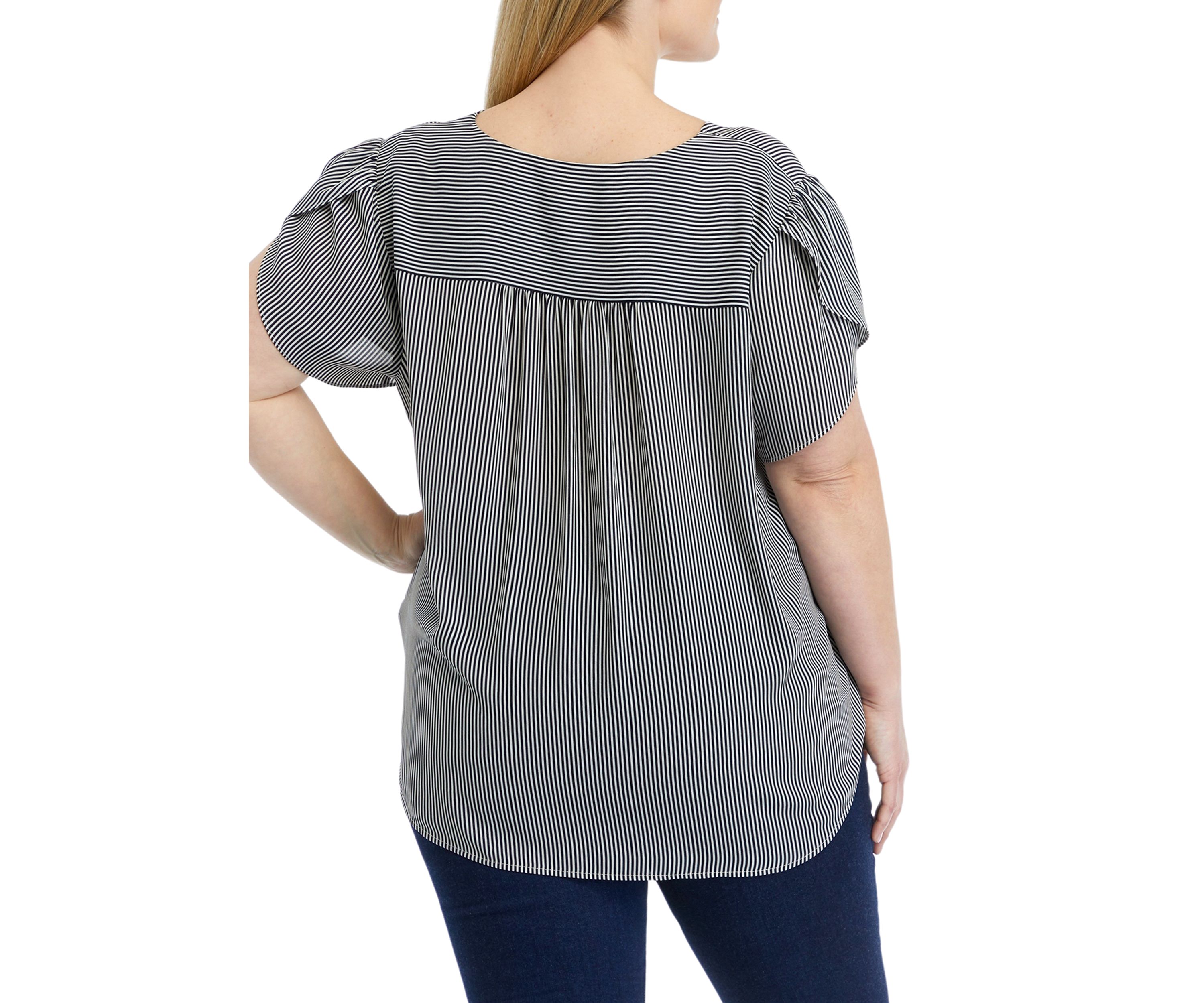 Plus Size Short Tulip Sleeve V-Neck Stripe Blouse