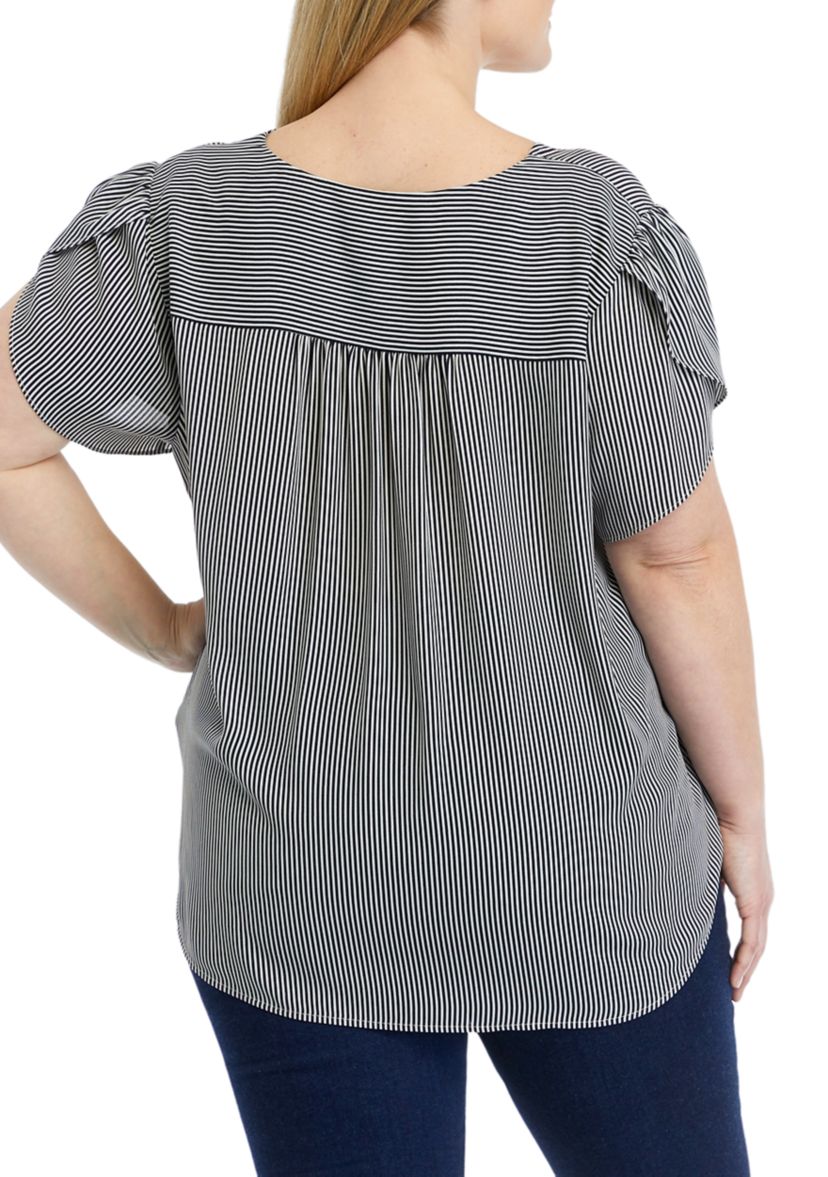 Plus Size Short Tulip Sleeve V-Neck Stripe Blouse
