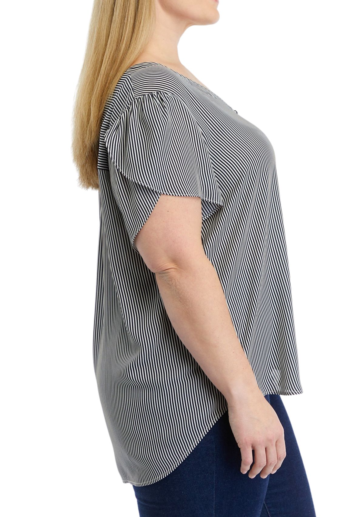 Plus Size Short Tulip Sleeve V-Neck Stripe Blouse