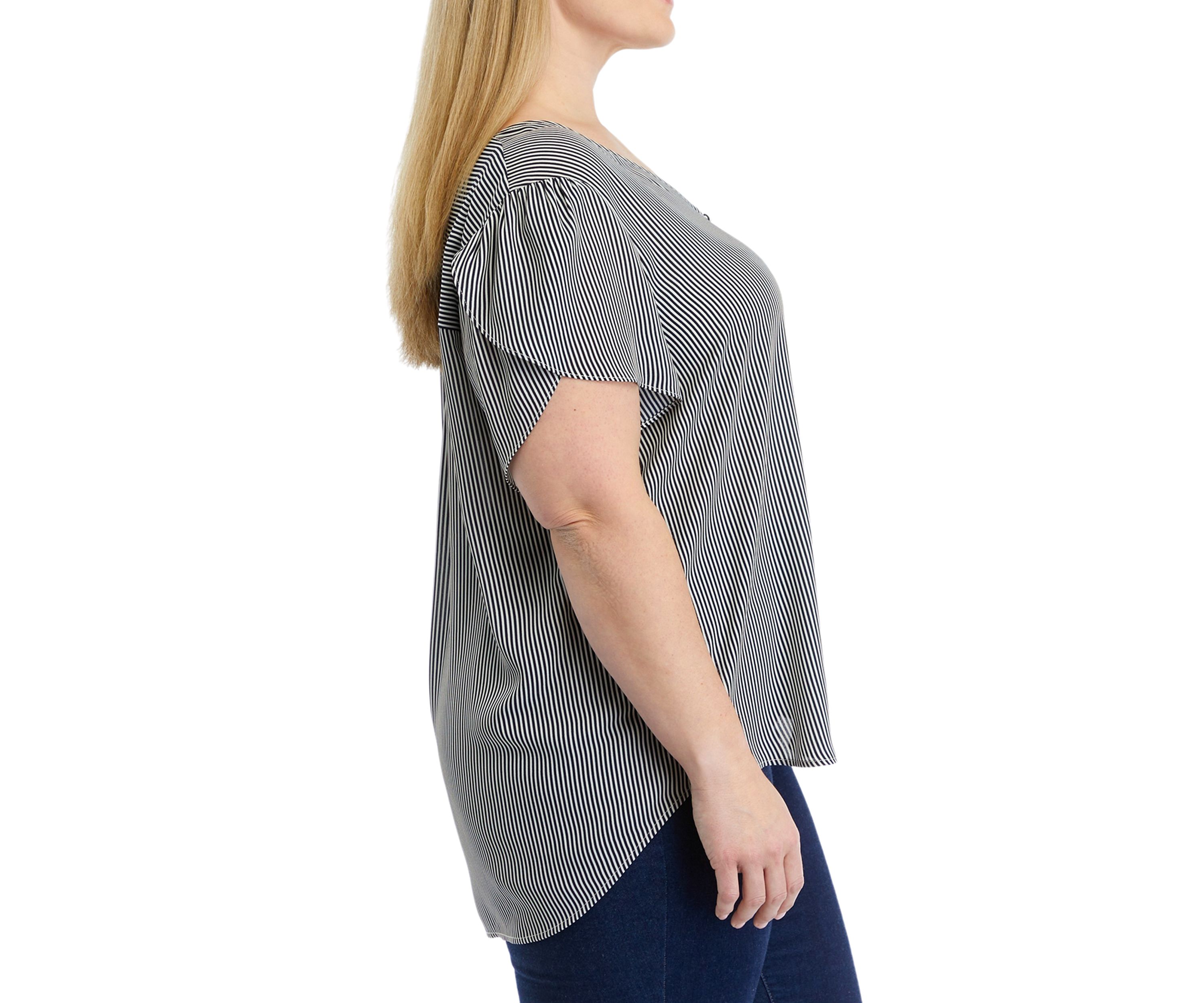 Plus Size Short Tulip Sleeve V-Neck Stripe Blouse