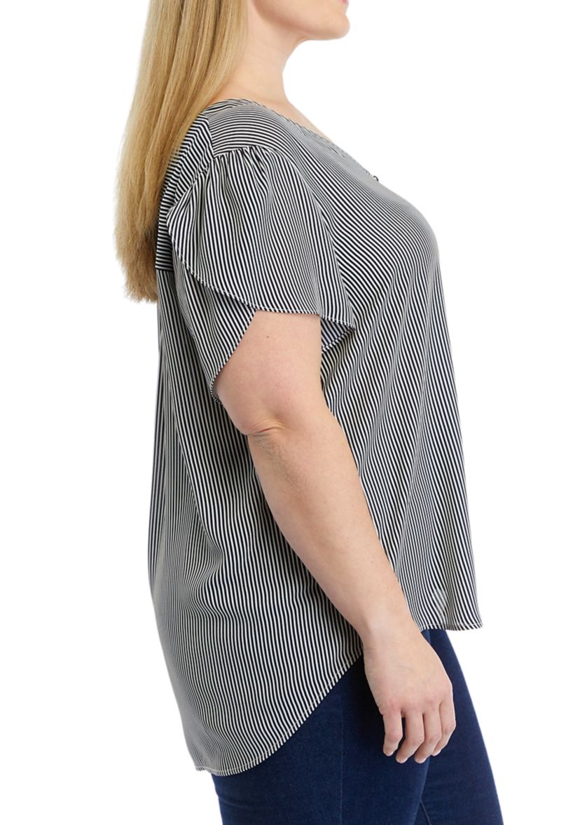Plus Size Short Tulip Sleeve V-Neck Stripe Blouse
