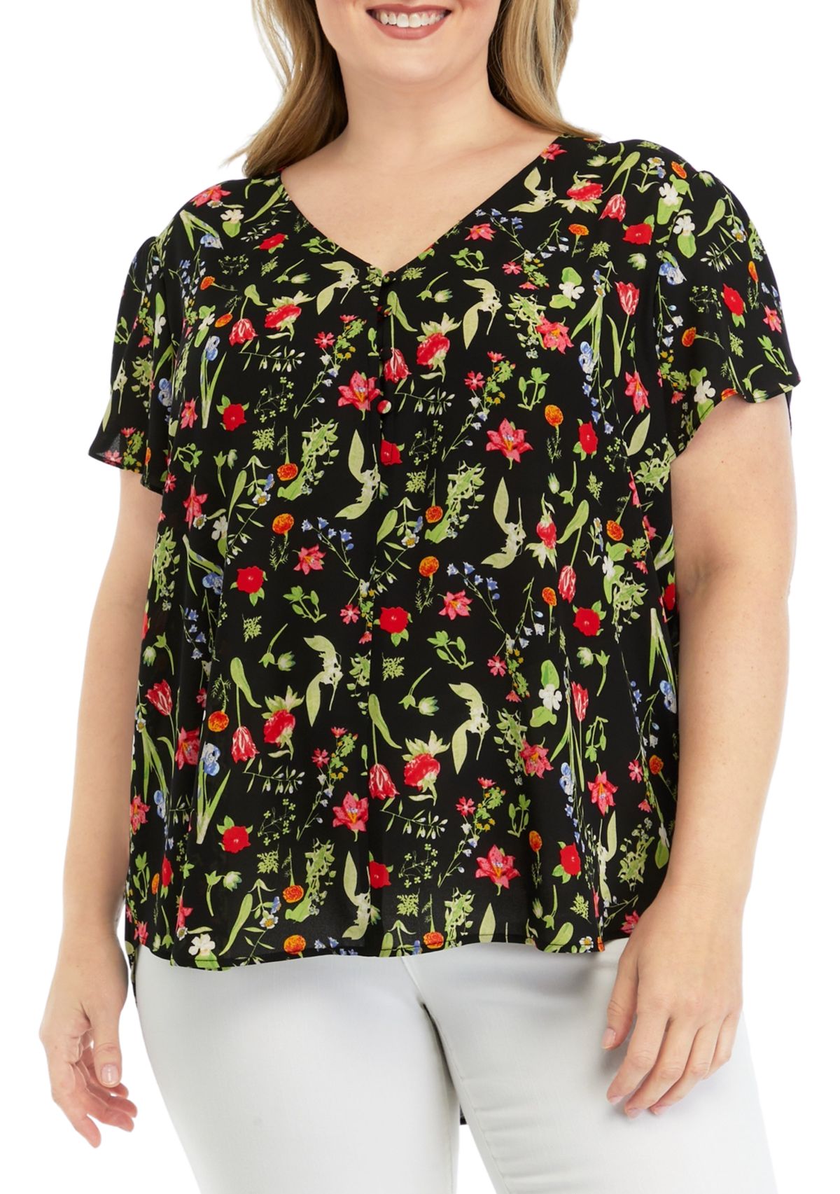 Plus Size Short Tulip Sleeve V-Neck Floral Print Blouse