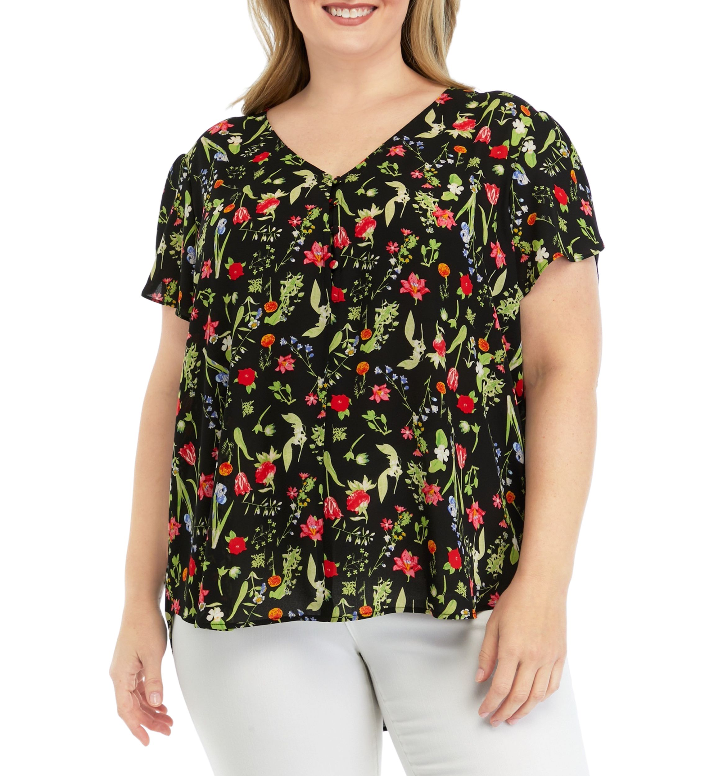 Plus Size Short Tulip Sleeve V-Neck Floral Print Blouse
