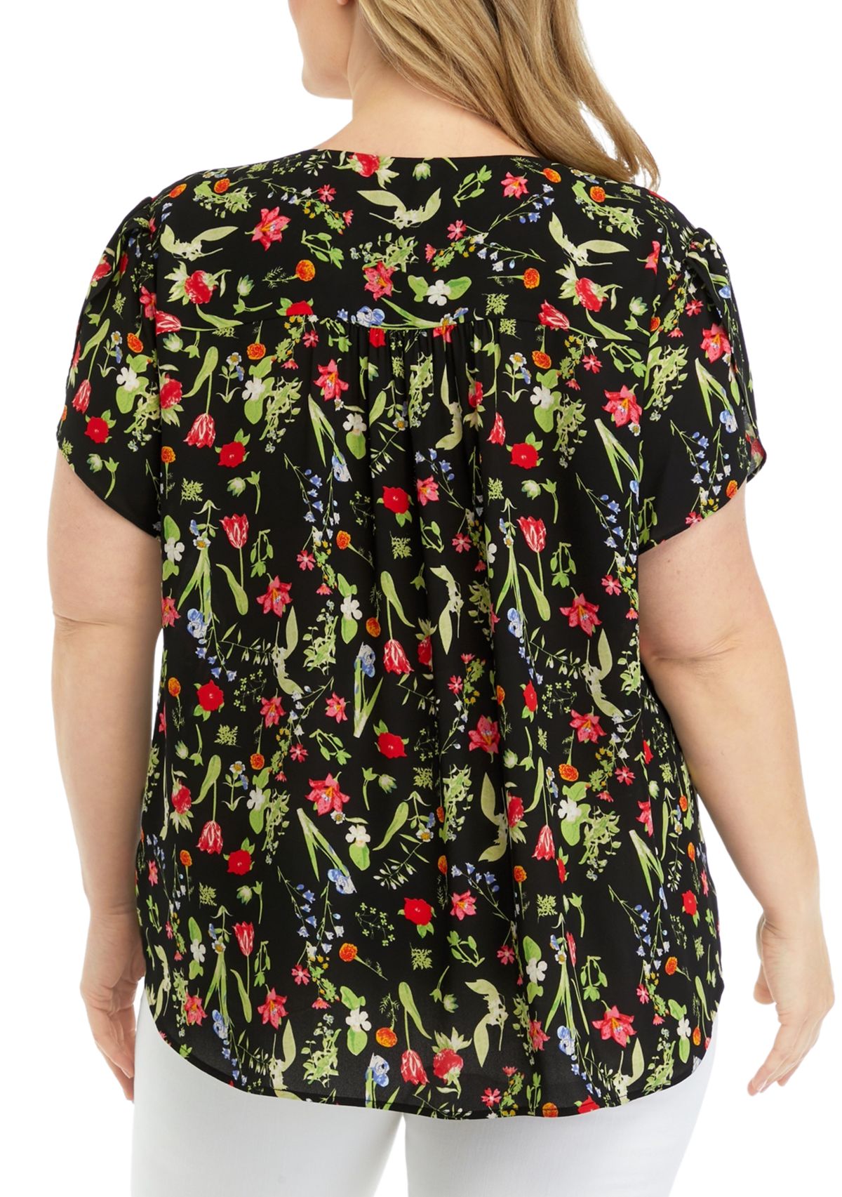 Plus Size Short Tulip Sleeve V-Neck Floral Print Blouse