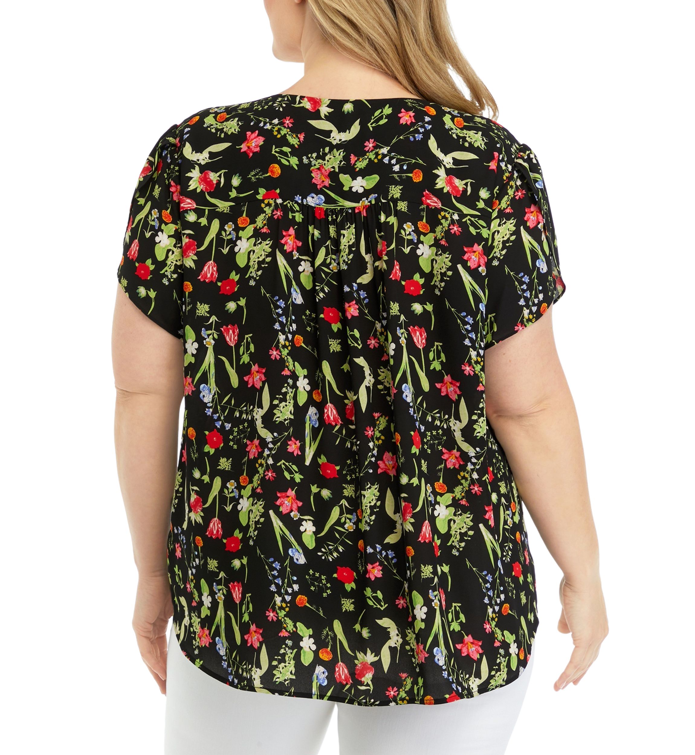 Plus Size Short Tulip Sleeve V-Neck Floral Print Blouse