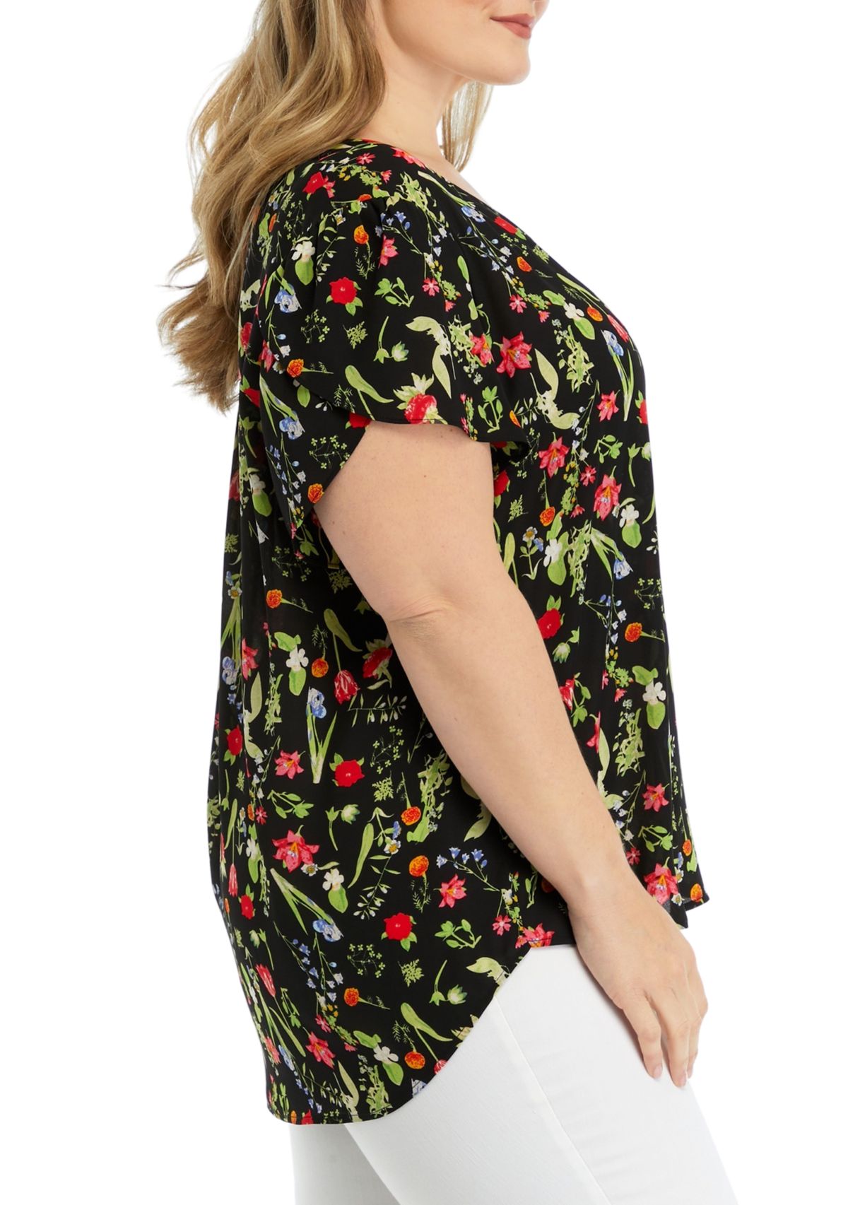 Plus Size Short Tulip Sleeve V-Neck Floral Print Blouse