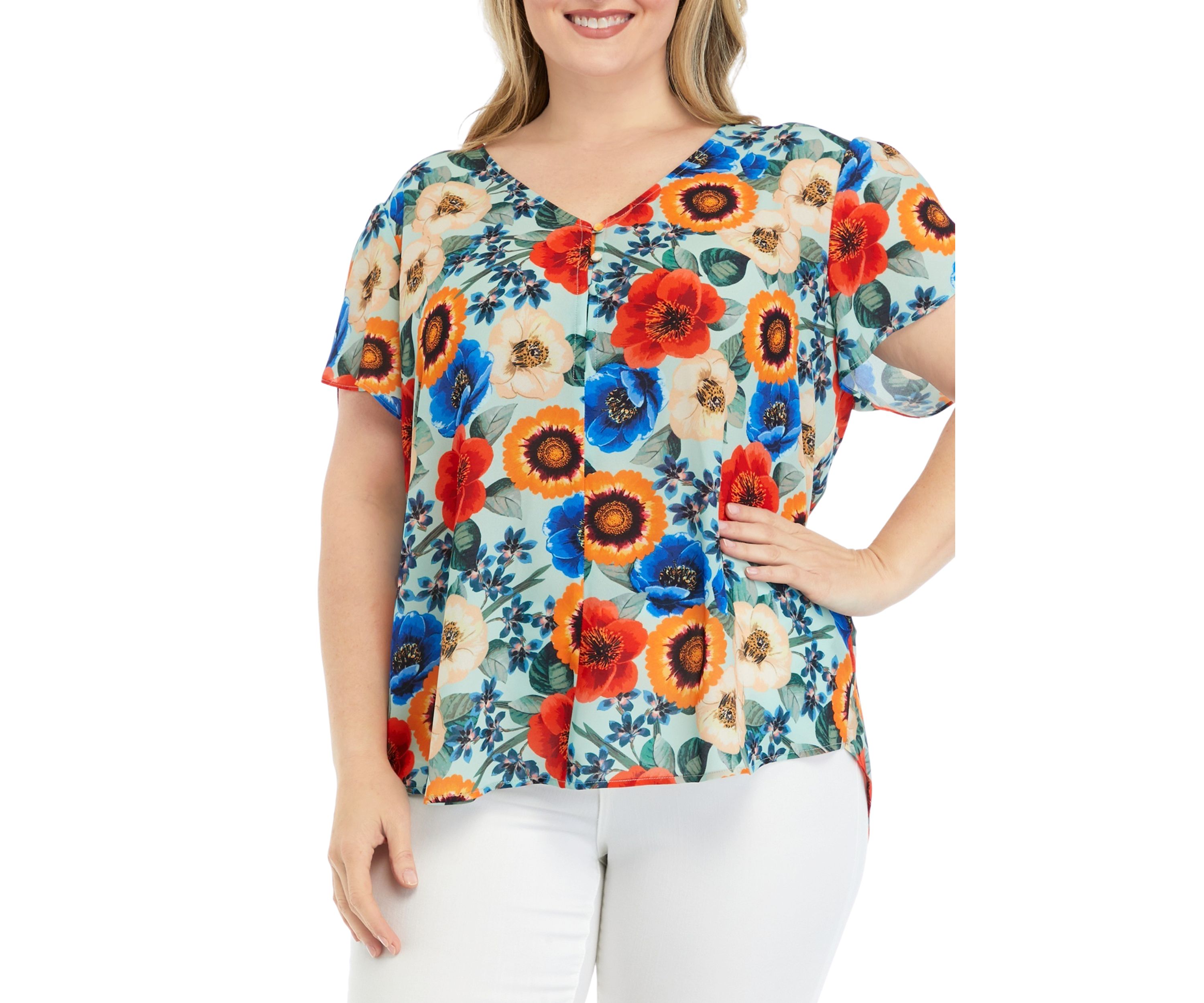 Plus Size Short Tulip Sleeve V-Neck Floral Print Blouse