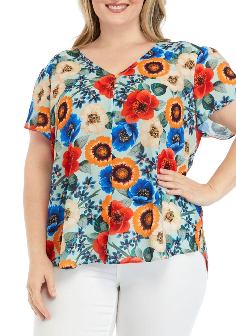 Plus Size Short Tulip Sleeve V-Neck Floral Print Blouse