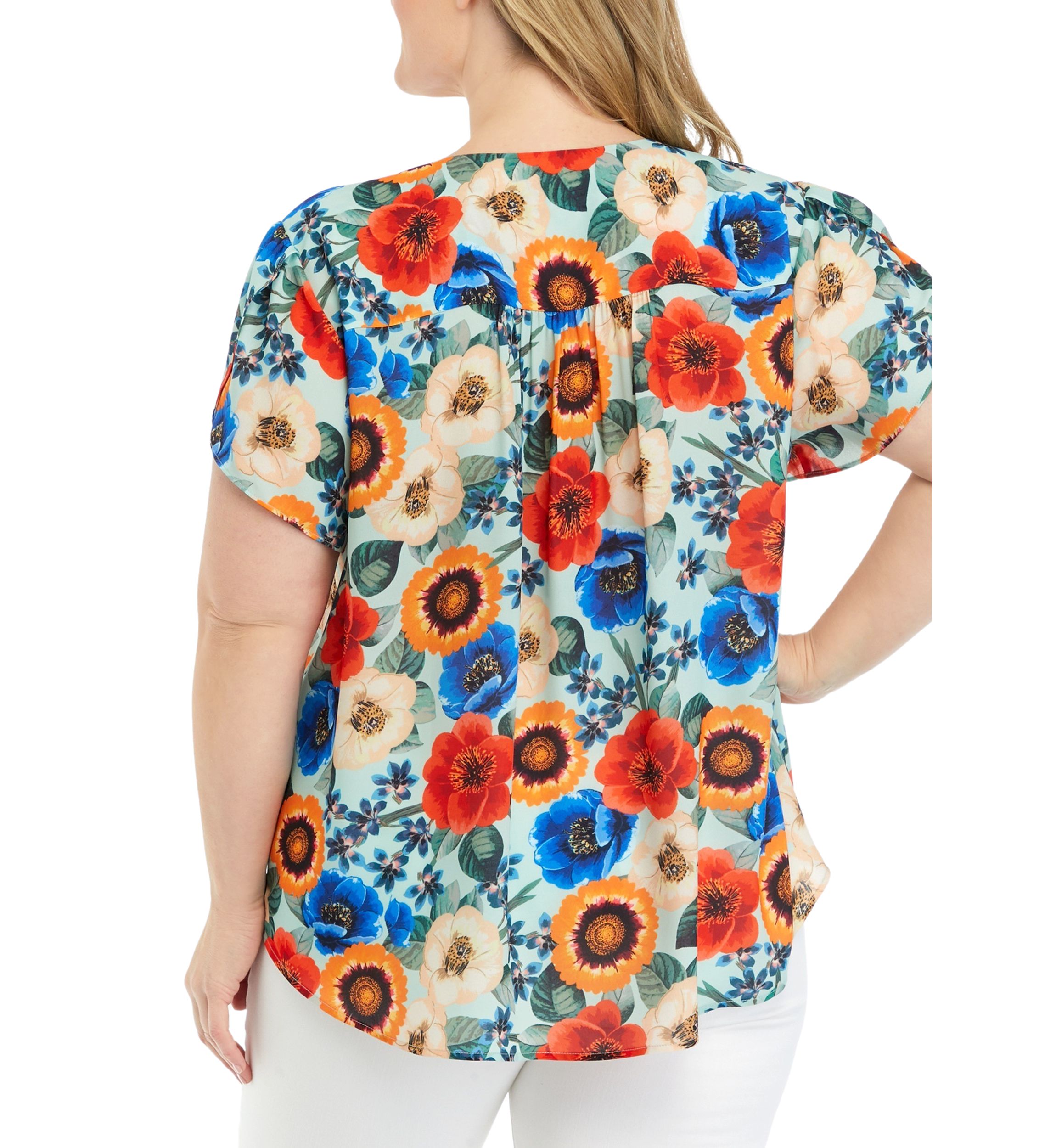 Plus Size Short Tulip Sleeve V-Neck Floral Print Blouse