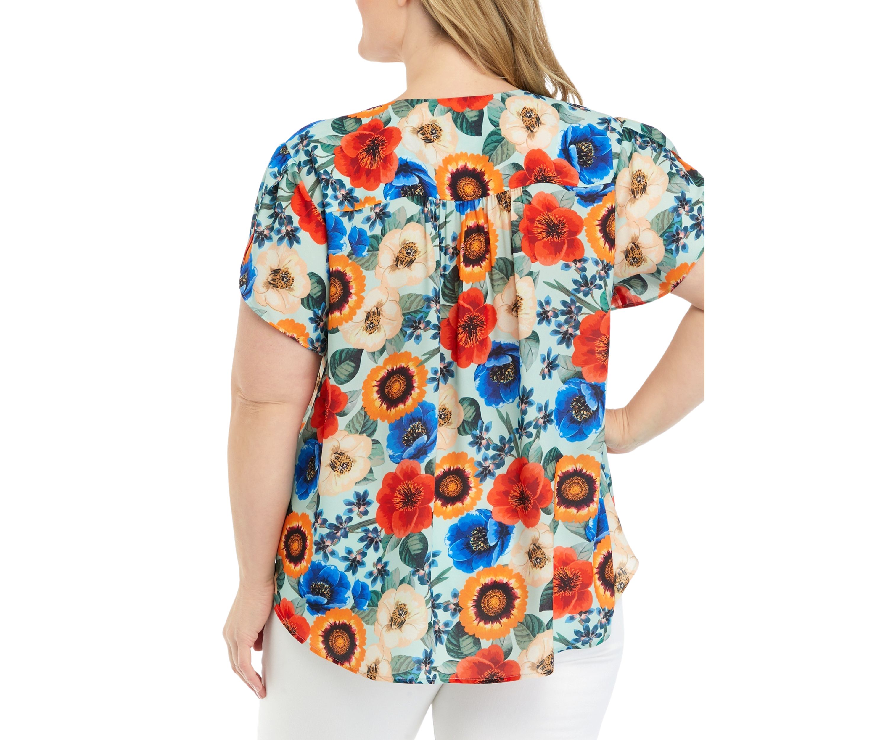 Plus Size Short Tulip Sleeve V-Neck Floral Print Blouse