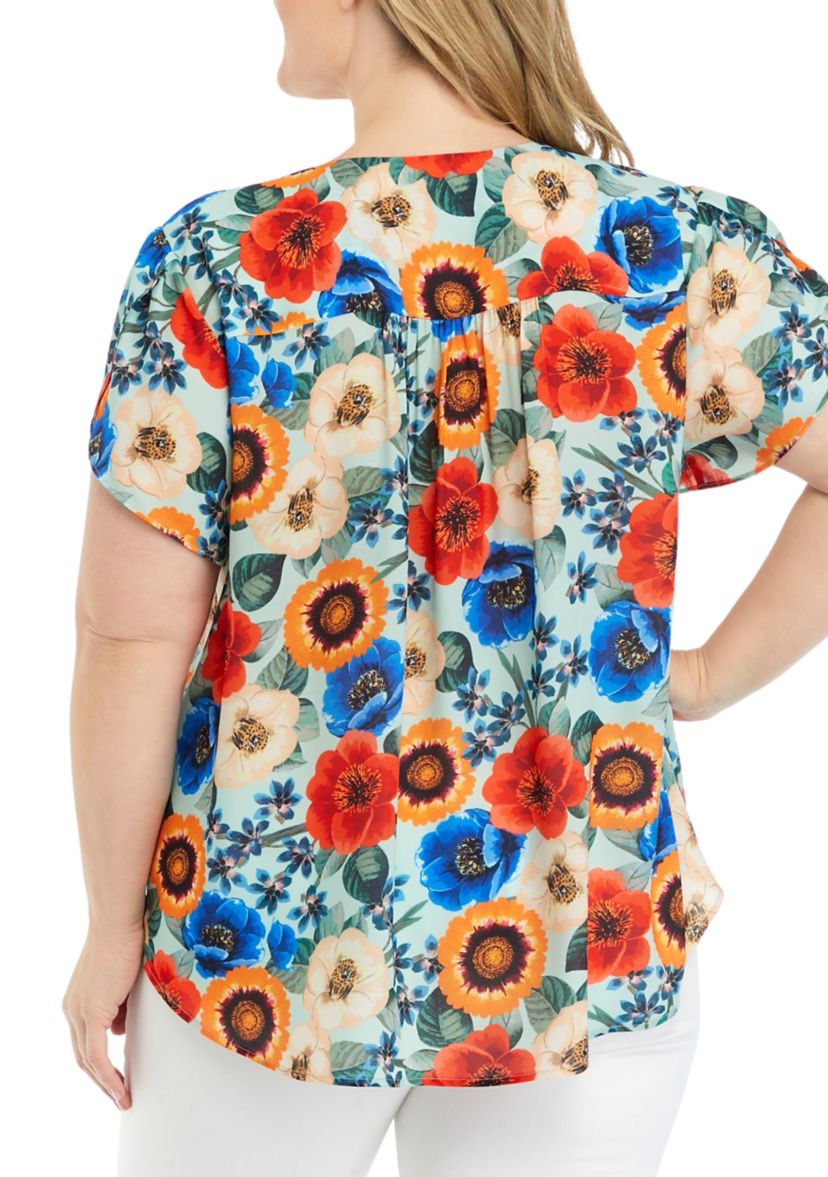 Plus Size Short Tulip Sleeve V-Neck Floral Print Blouse