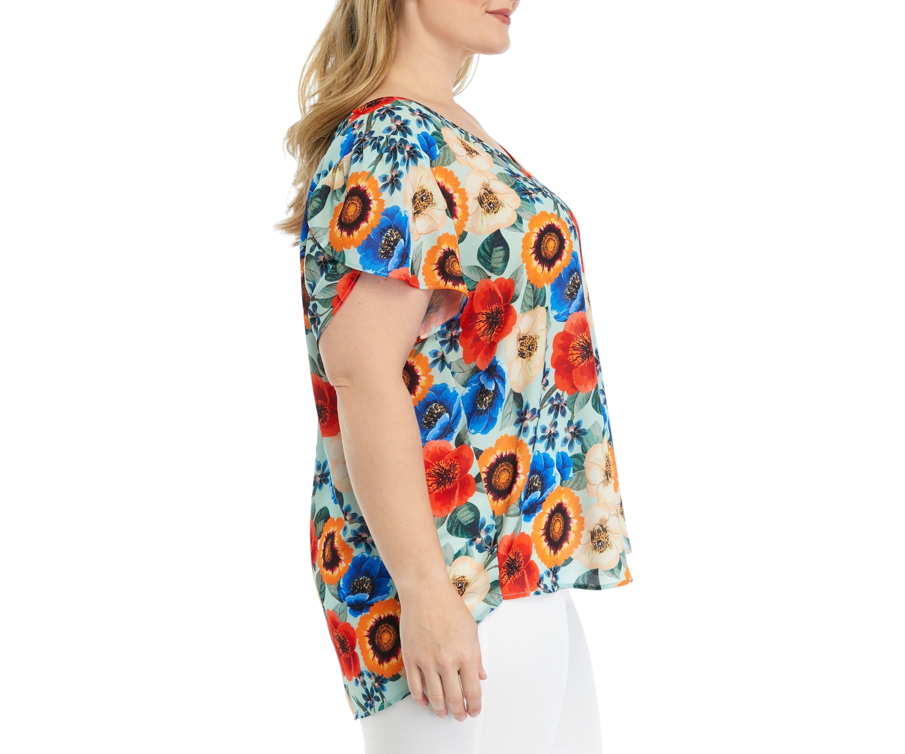 Plus Size Short Tulip Sleeve V-Neck Floral Print Blouse