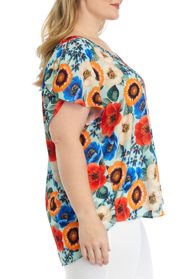 Plus Size Short Tulip Sleeve V-Neck Floral Print Blouse