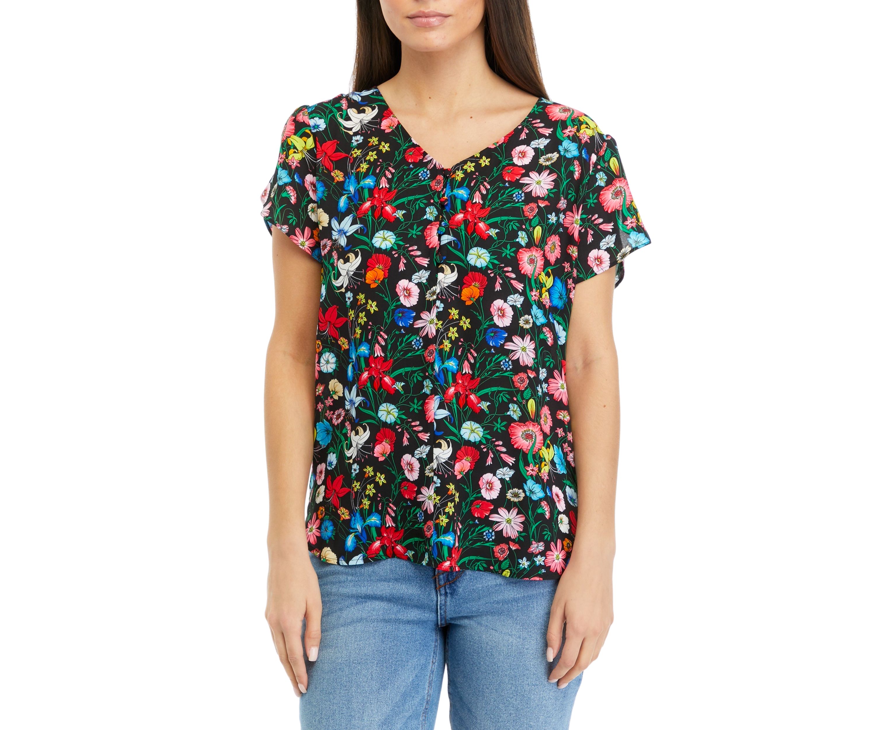 Petite Short Tulip Sleeve V-Neck Printed Blouse