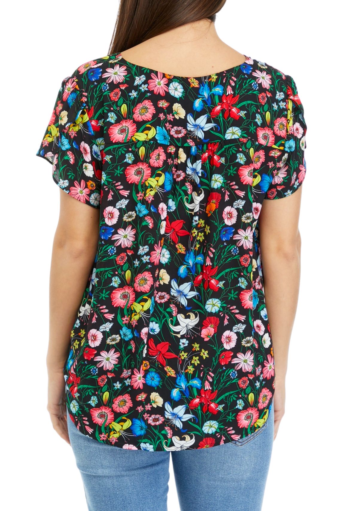 Petite Short Tulip Sleeve V-Neck Printed Blouse