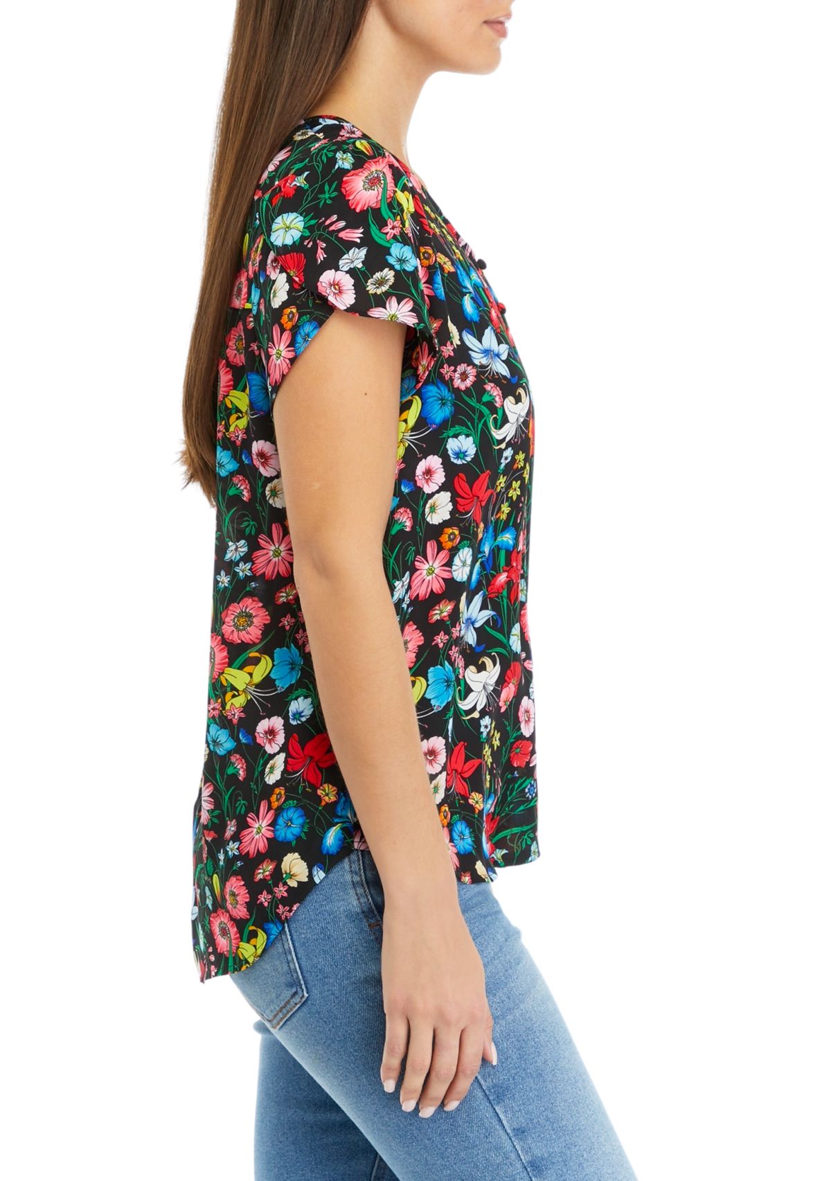 Petite Short Tulip Sleeve V-Neck Printed Blouse