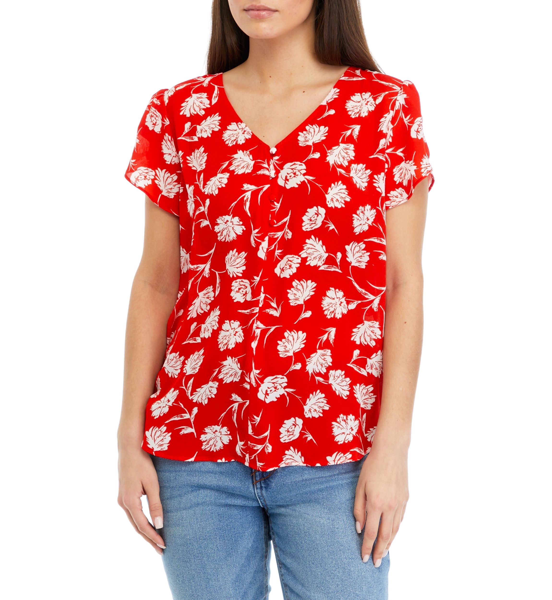 Petite Short Tulip Sleeve V-Neck Printed Blouse