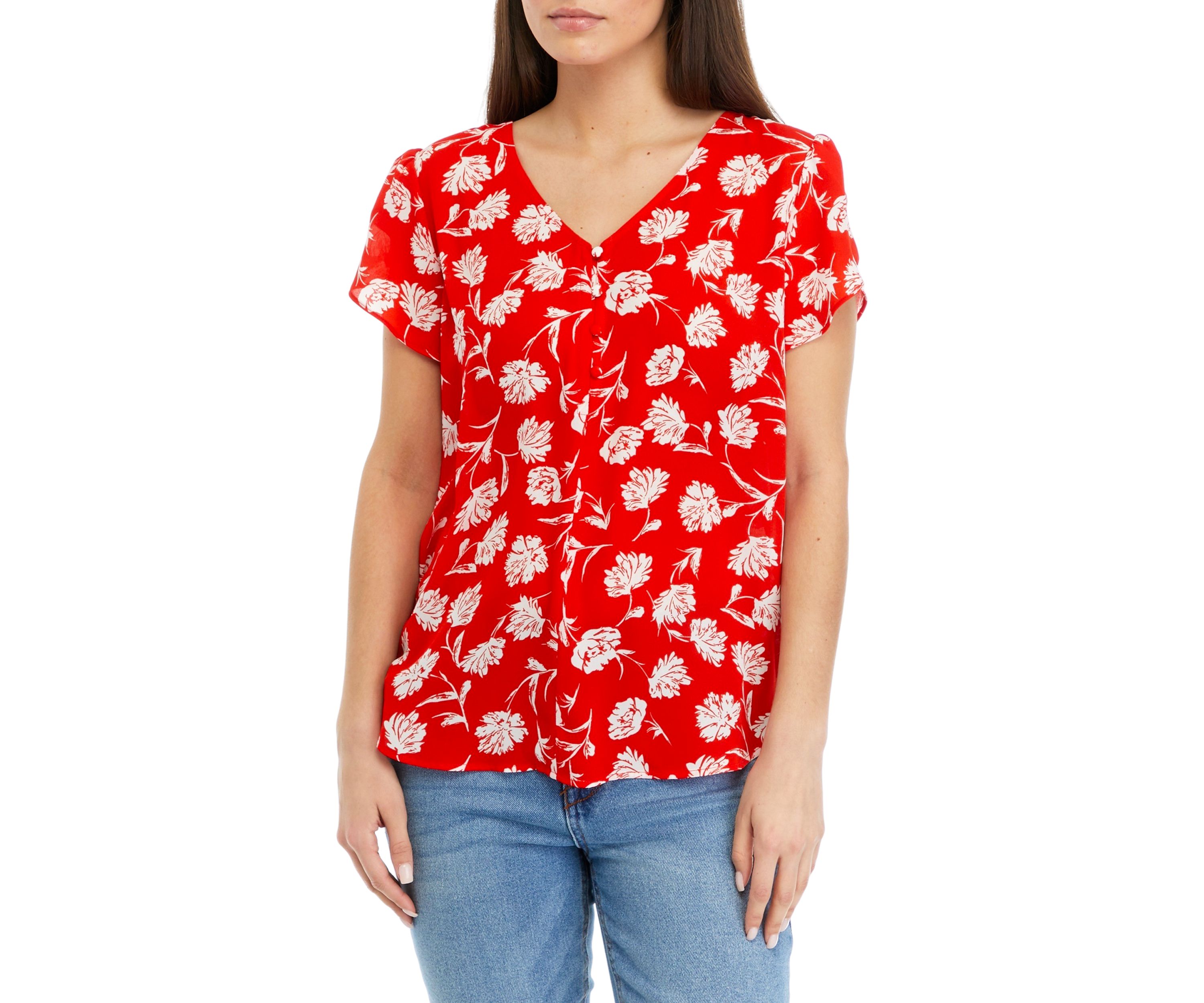 Petite Short Tulip Sleeve V-Neck Printed Blouse