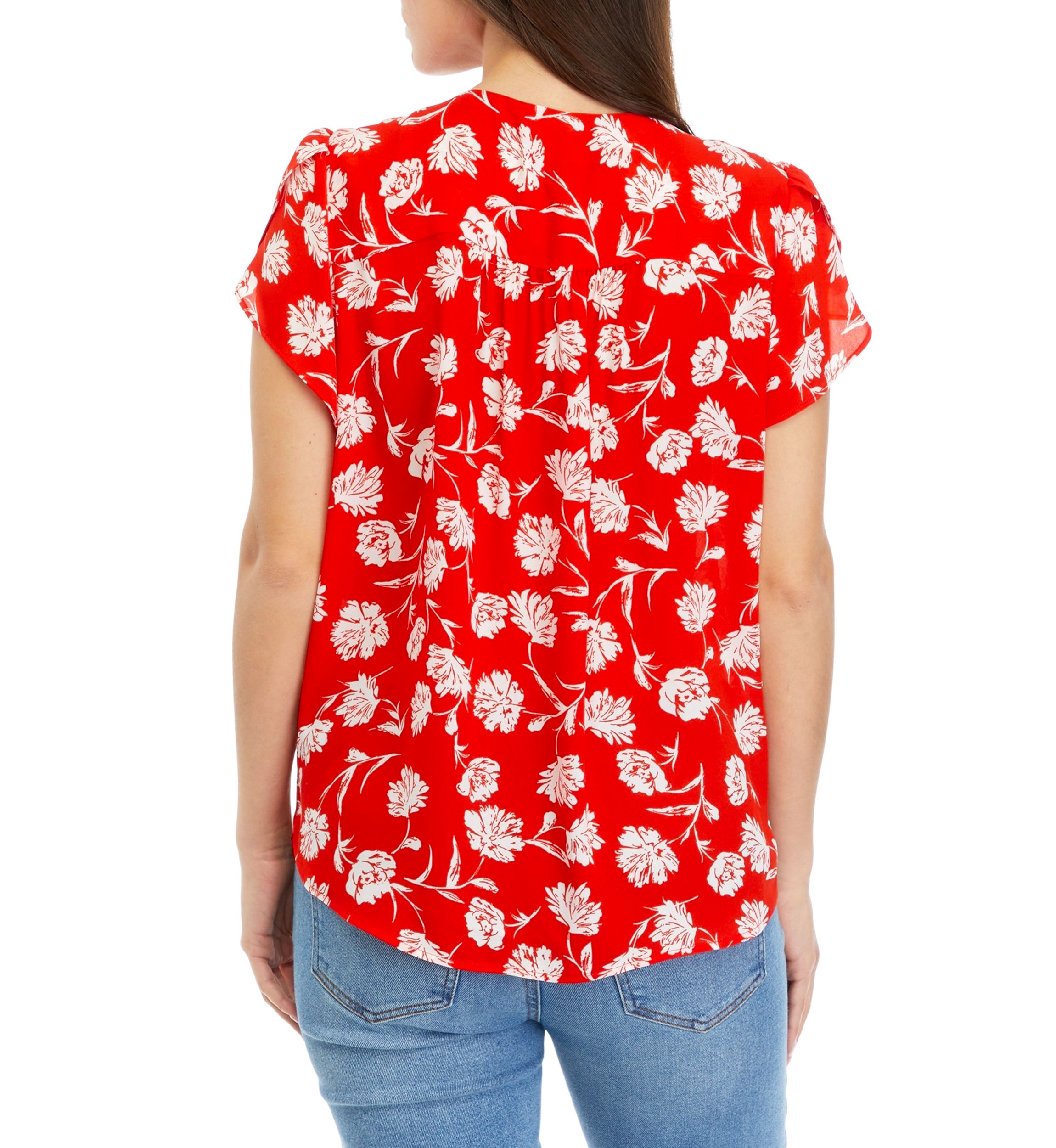 Petite Short Tulip Sleeve V-Neck Printed Blouse