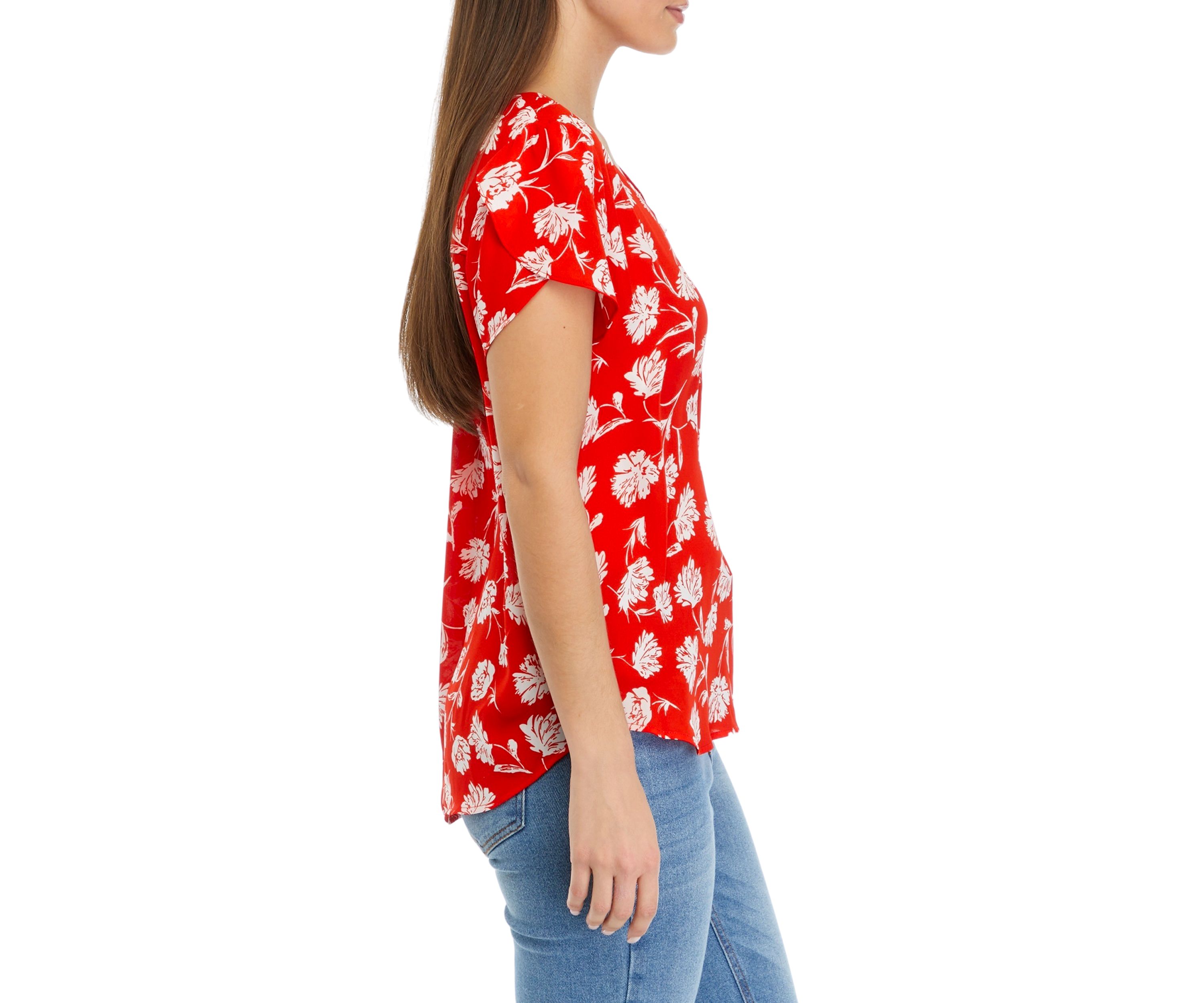 Petite Short Tulip Sleeve V-Neck Printed Blouse