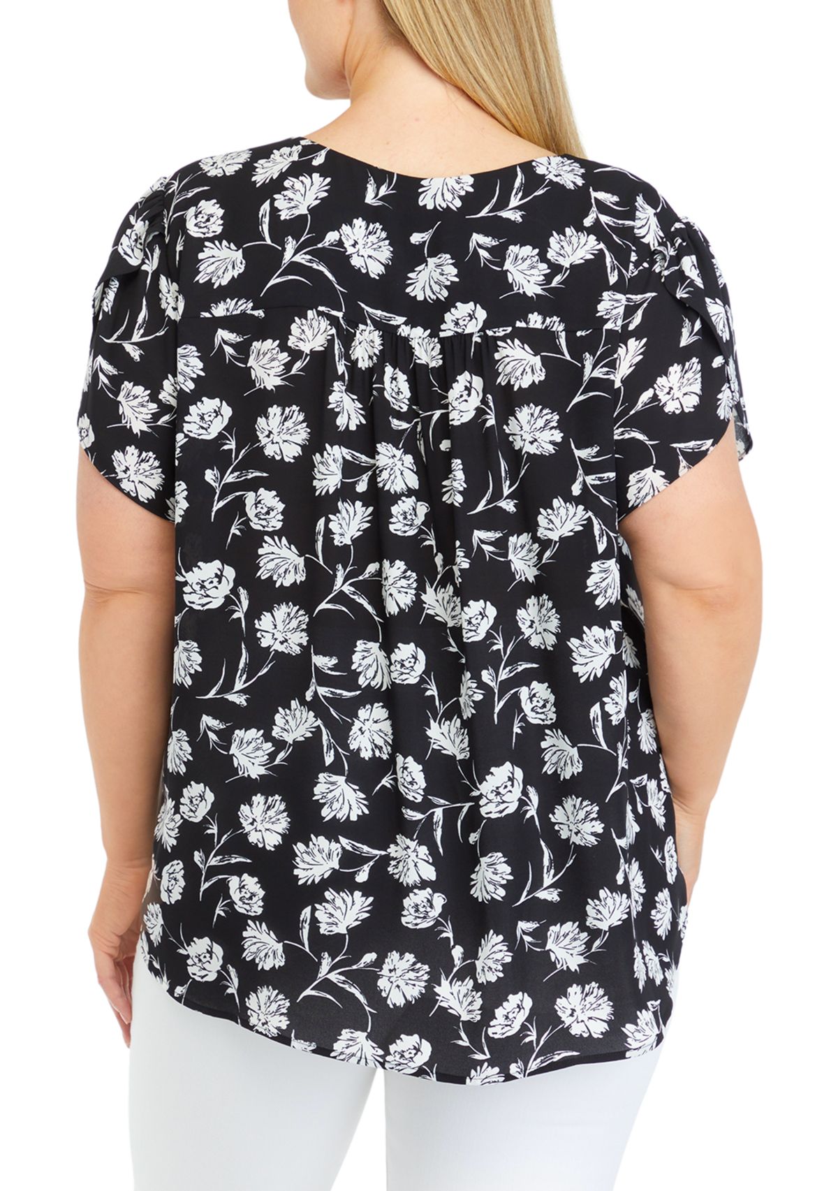 Plus Size Short Petal Sleeve V-Neck Blouse