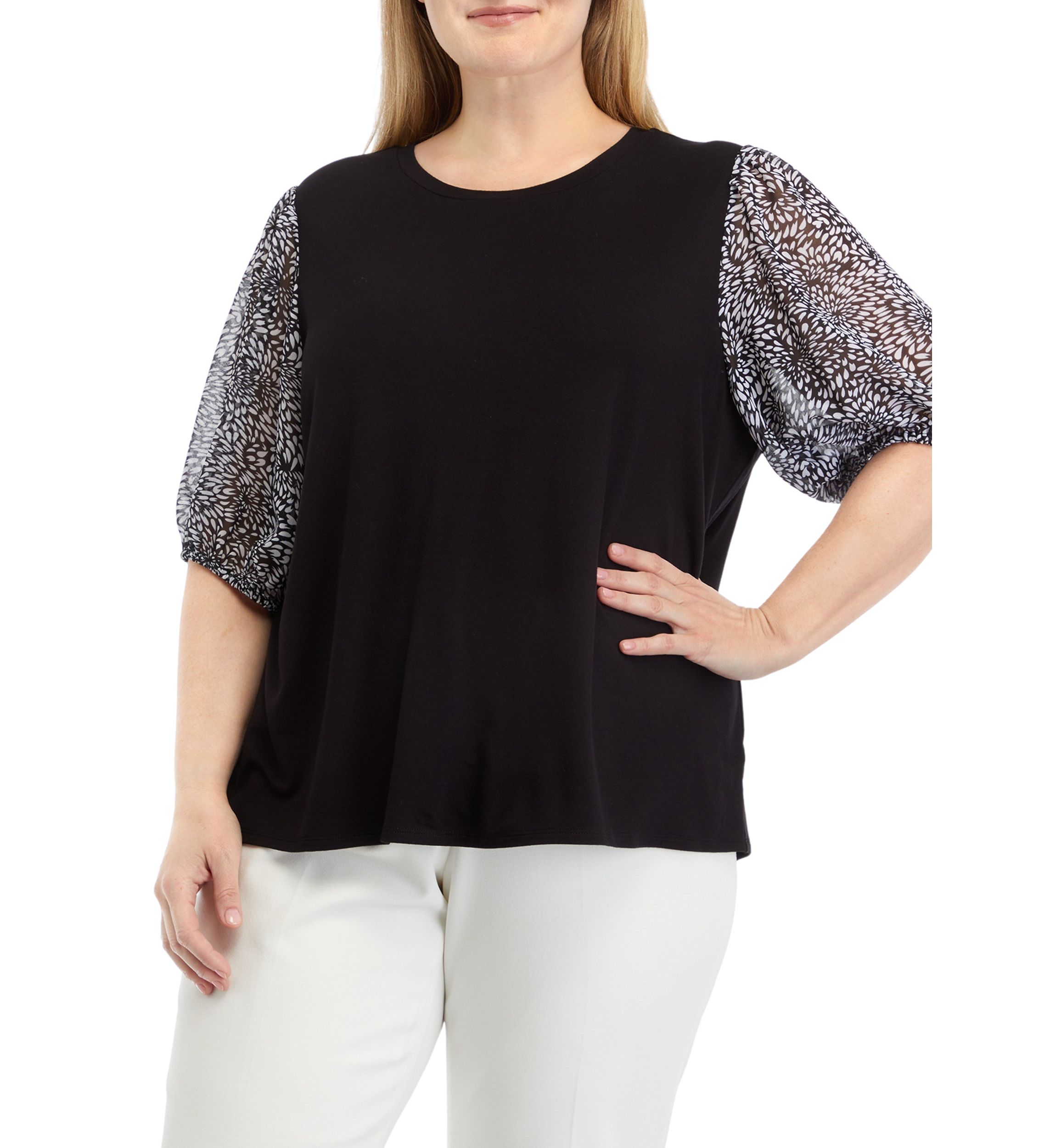 Plus Size Elbow Sleeve Mixed Media Top