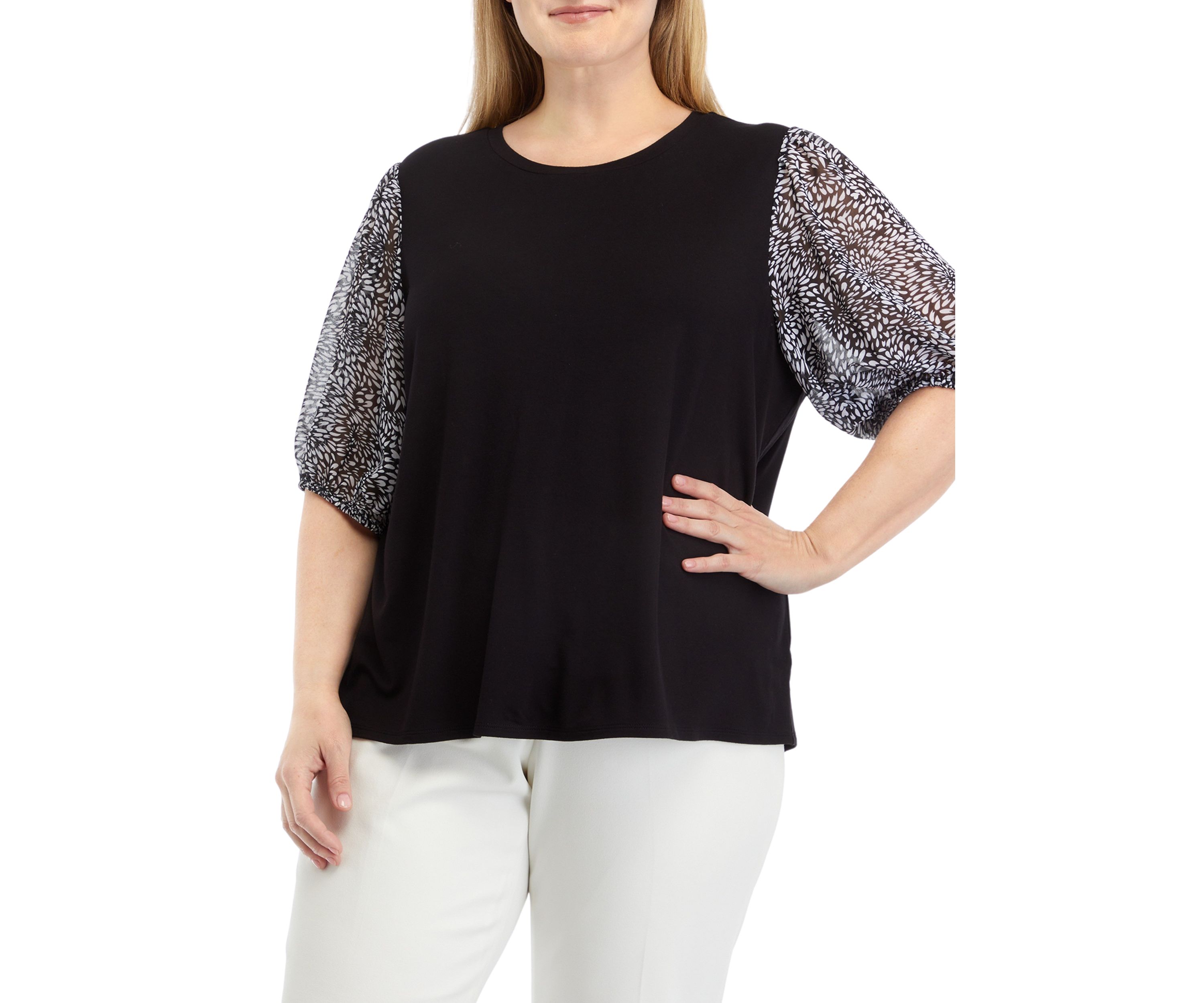 Plus Size Elbow Sleeve Mixed Media Top