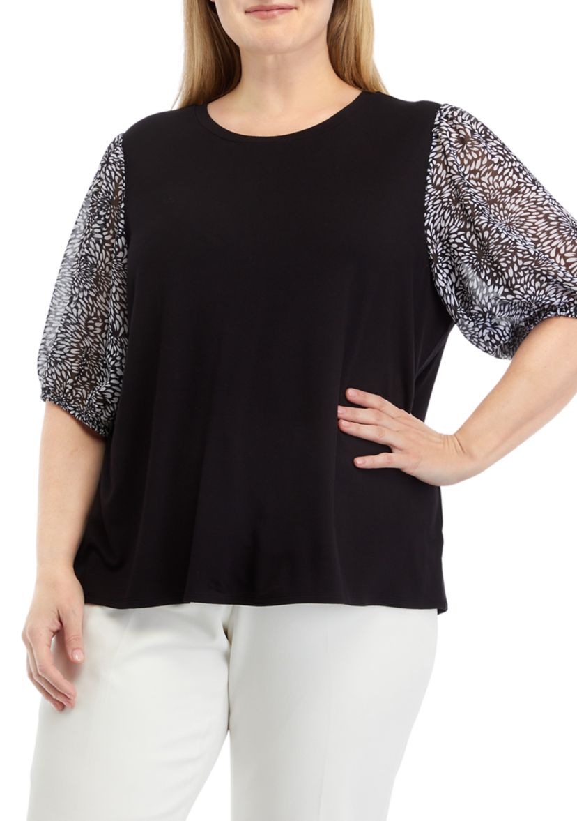 Plus Size Elbow Sleeve Mixed Media Top