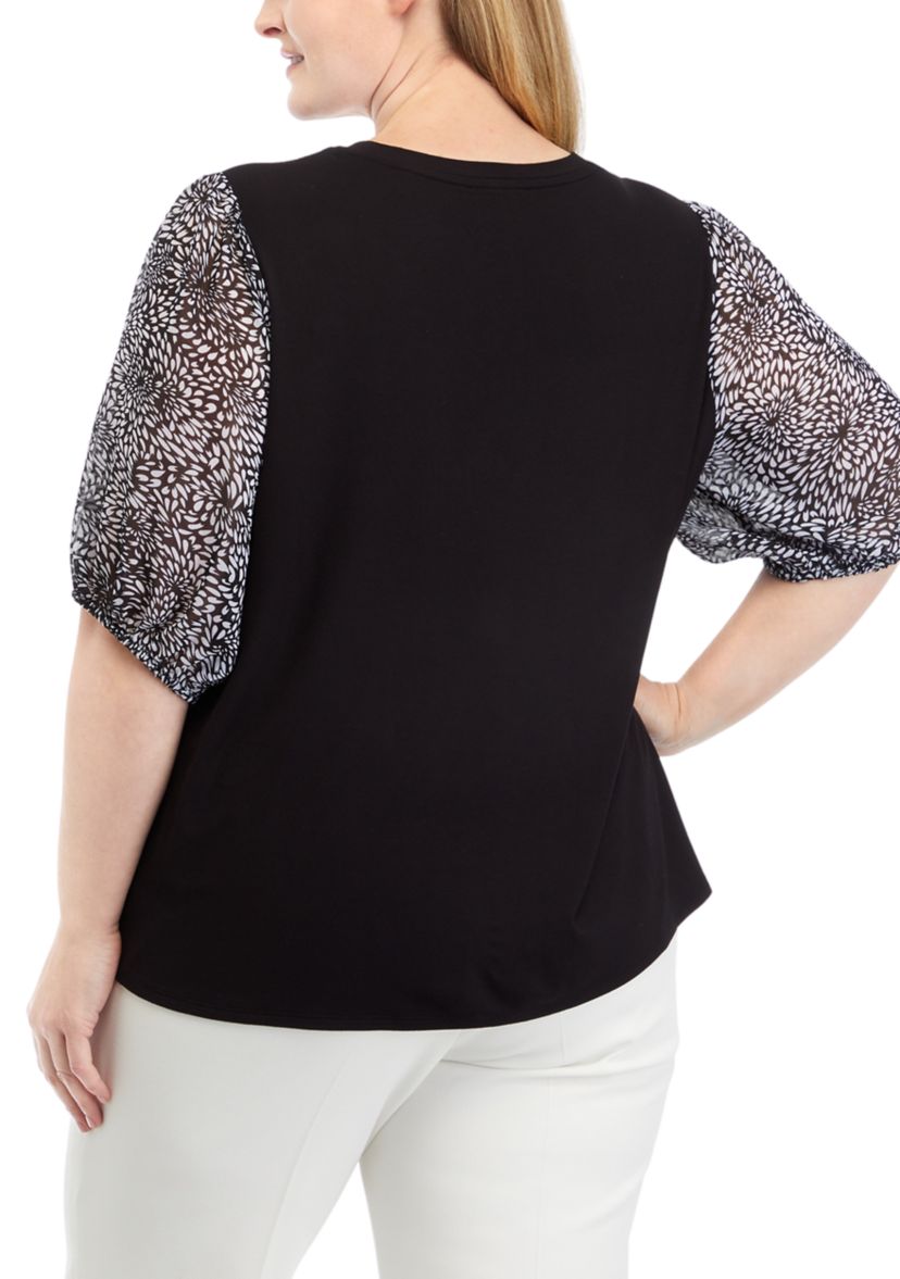 Plus Size Elbow Sleeve Mixed Media Top