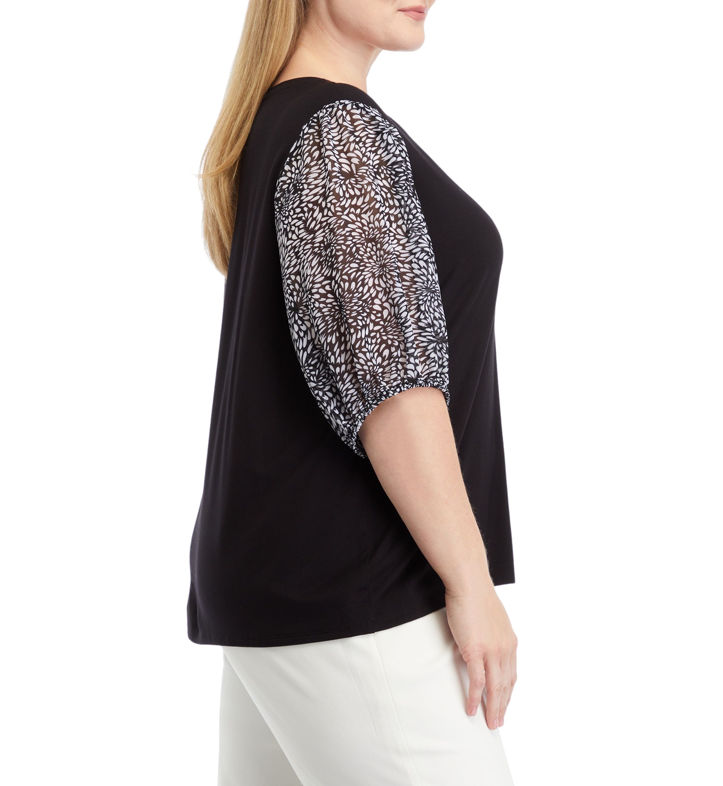 Plus Size Elbow Sleeve Mixed Media Top