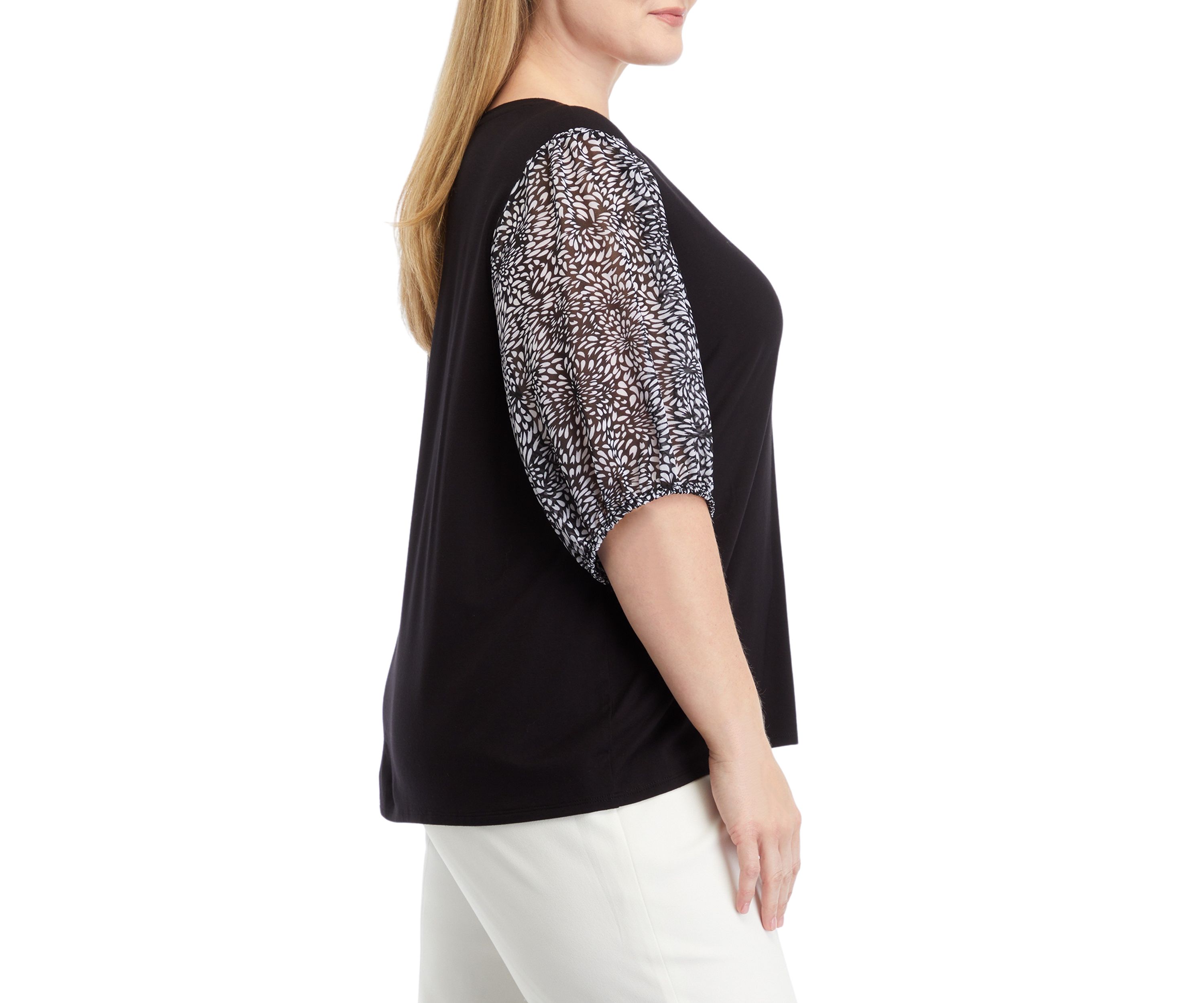 Plus Size Elbow Sleeve Mixed Media Top
