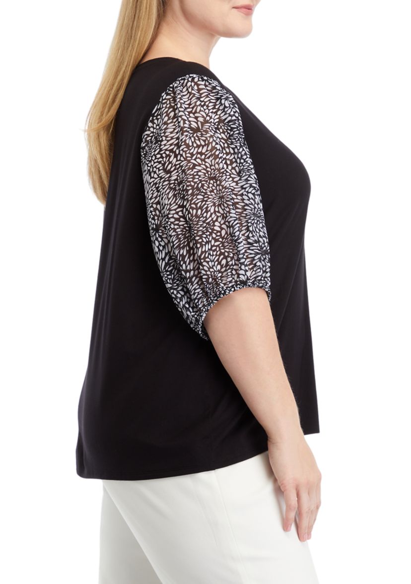 Plus Size Elbow Sleeve Mixed Media Top