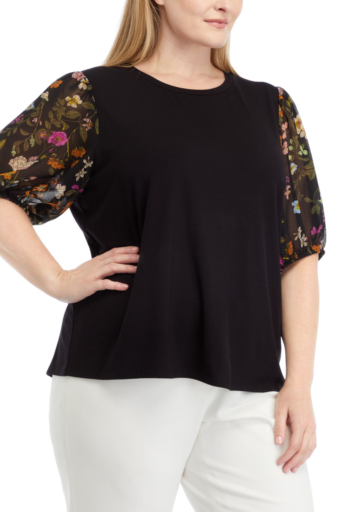 Plus Size Elbow Woven Sleeve Mixed Media Top 