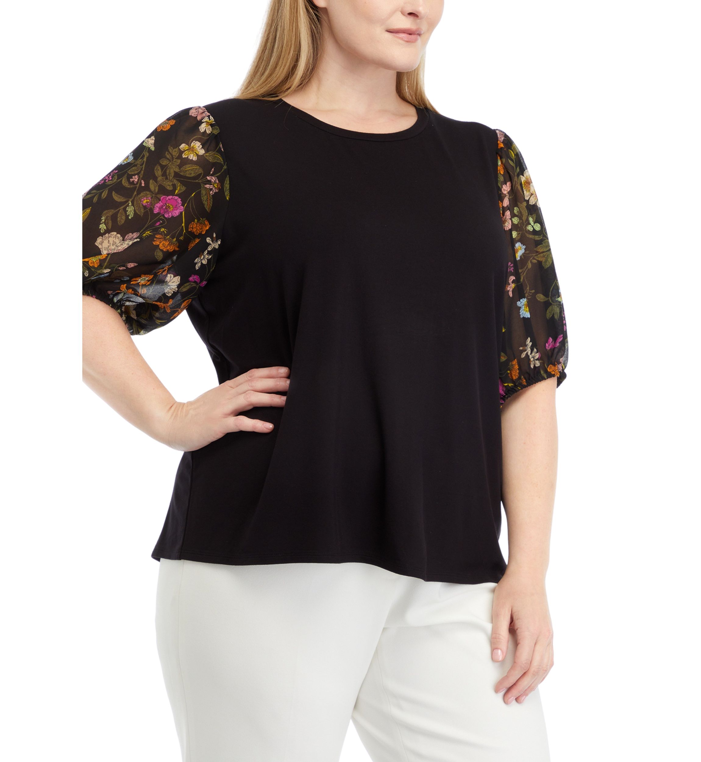 Plus Size Elbow Woven Sleeve Mixed Media Top 