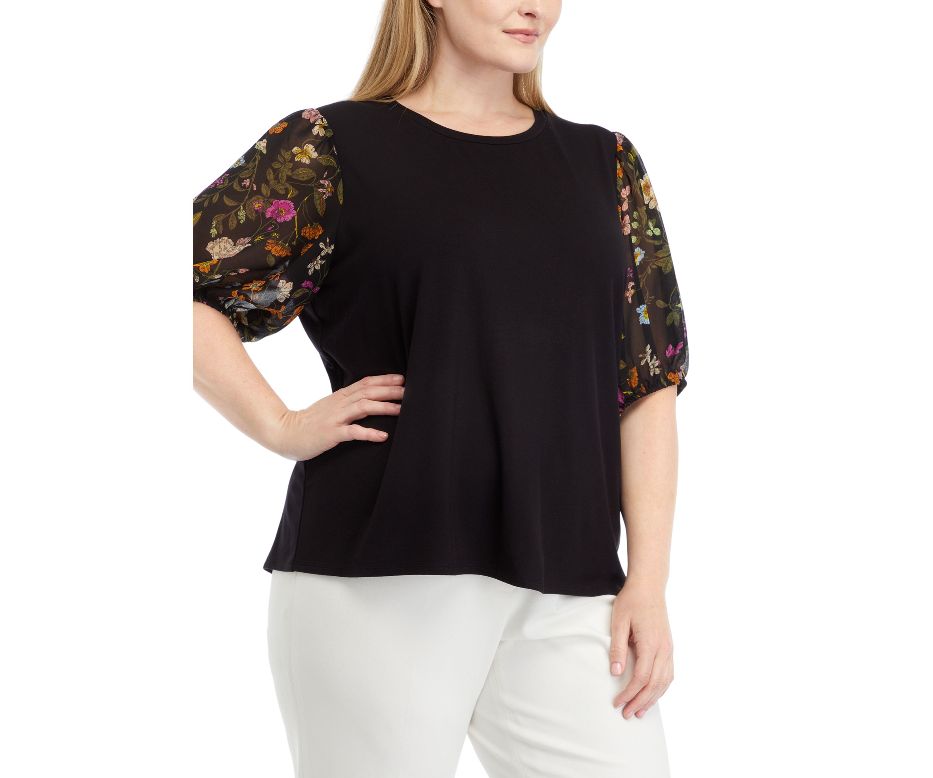 Plus Size Elbow Woven Sleeve Mixed Media Top 