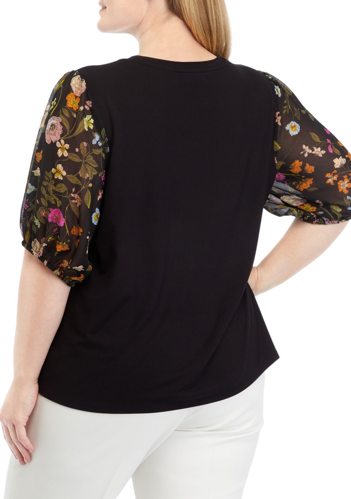 Plus Size Elbow Woven Sleeve Mixed Media Top 